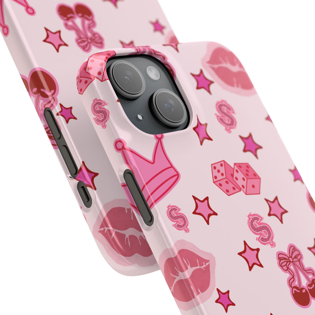 Pink Kawaii Icons Phone Case — Lip, Crown & Cherry Pattern Snap Case