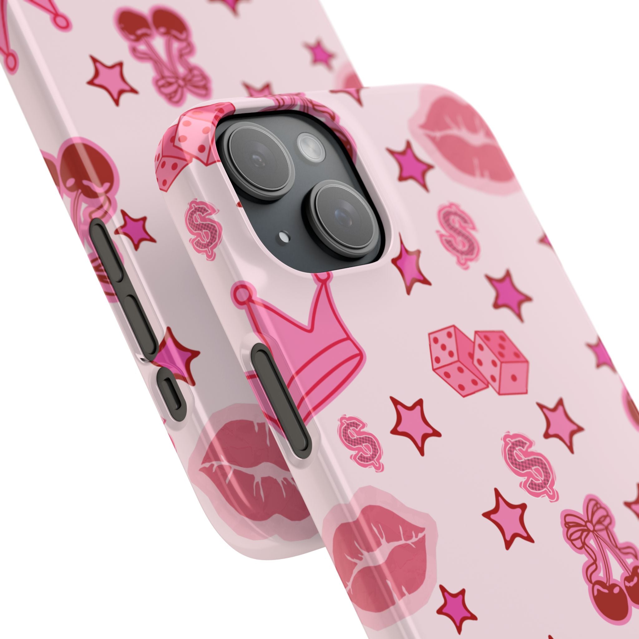 Pink Kawaii Icons Phone Case — Lip, Crown & Cherry Pattern Snap Case