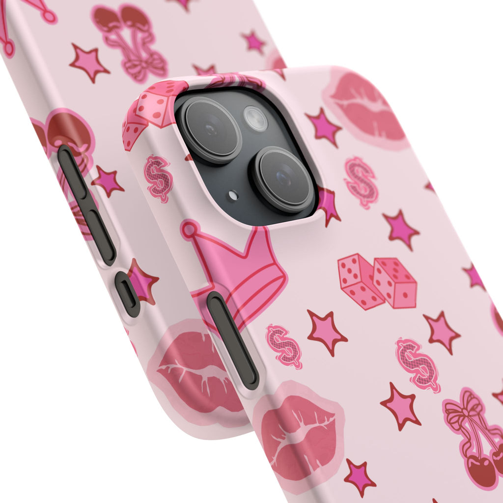 Pink Kawaii Icons Phone Case — Lip, Crown & Cherry Pattern Snap Case