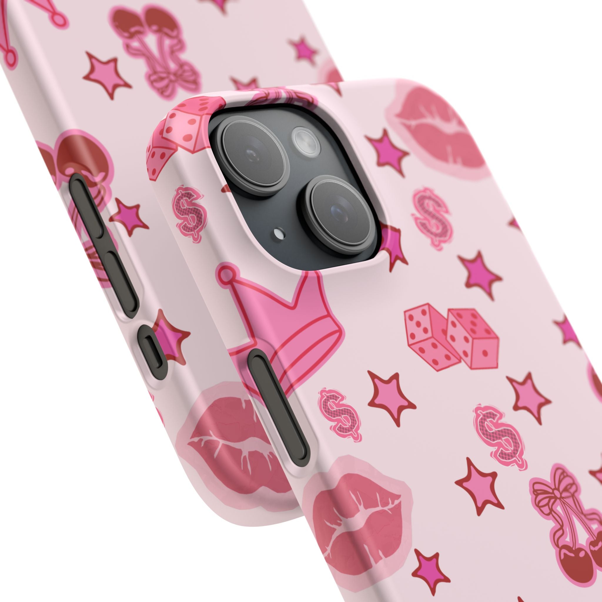 Pink Kawaii Icons Phone Case — Lip, Crown & Cherry Pattern Snap Case