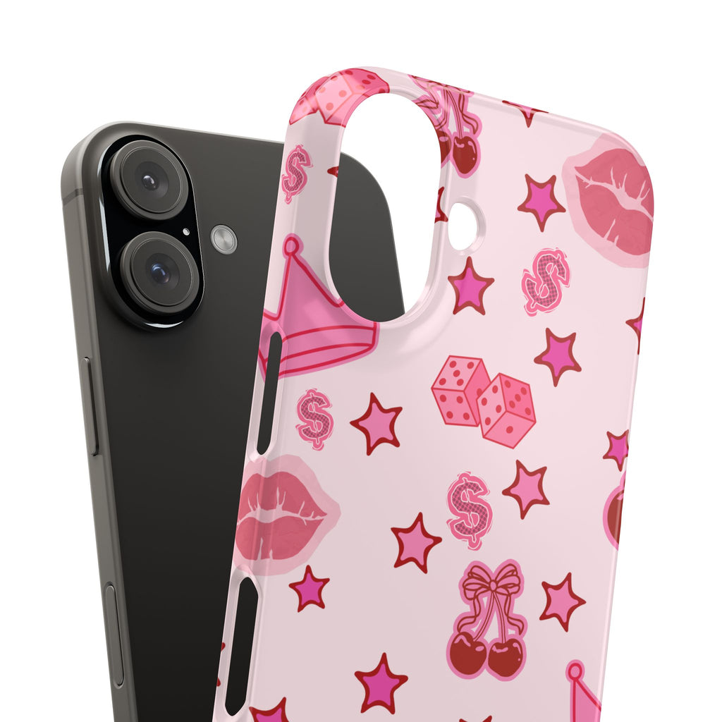 Pink Kawaii Icons Phone Case — Lip, Crown & Cherry Pattern Snap Case