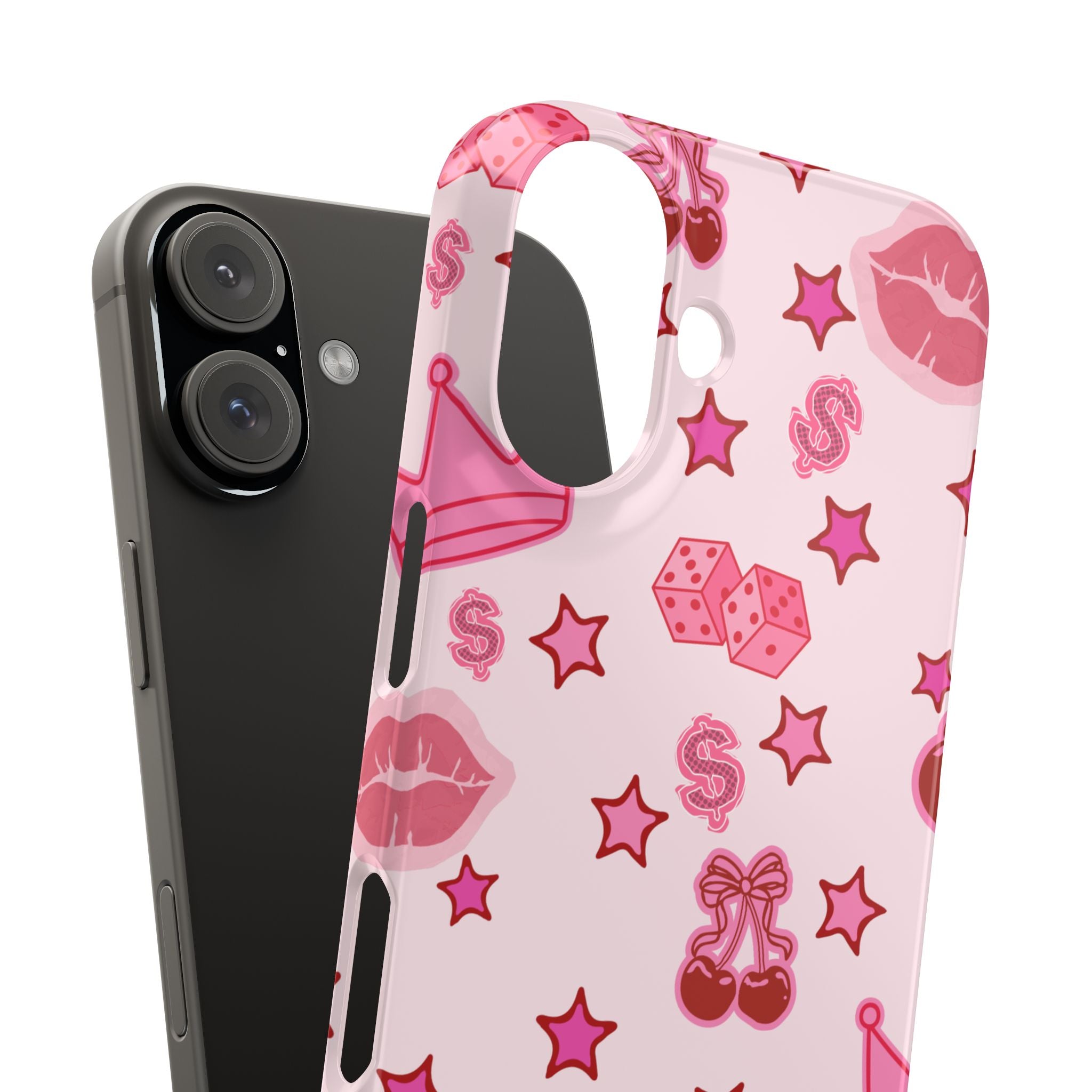 Pink Kawaii Icons Phone Case — Lip, Crown & Cherry Pattern Snap Case