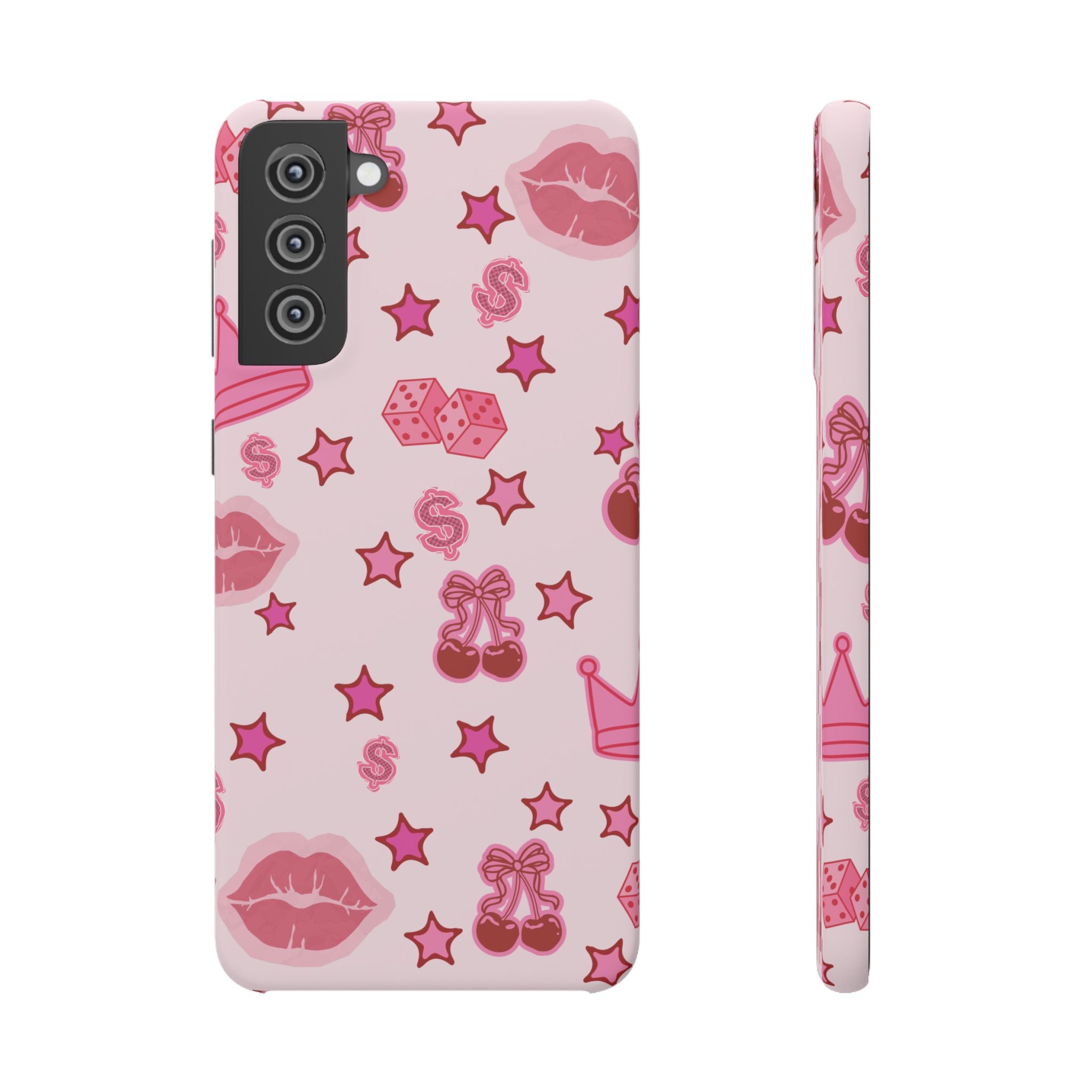 Pink Kawaii Icons Phone Case — Lip, Crown & Cherry Pattern Snap Case