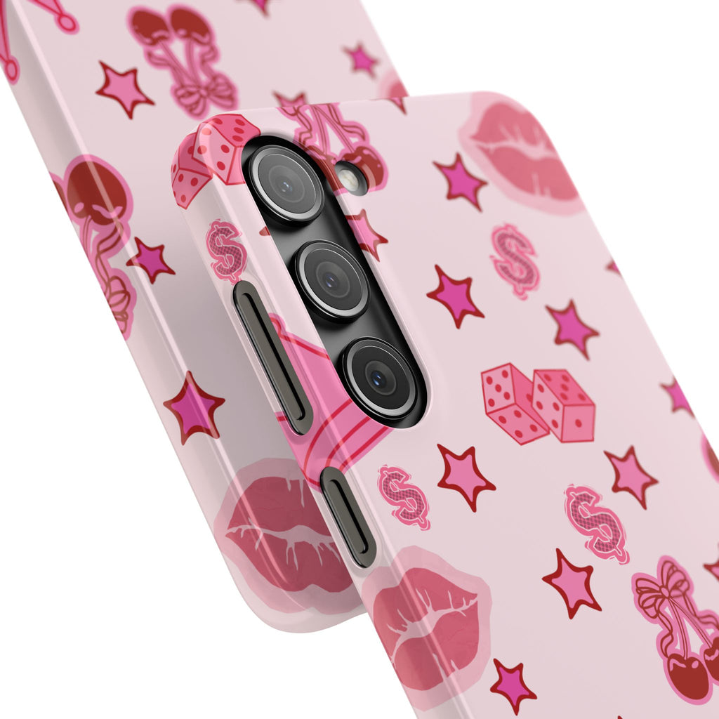 Pink Kawaii Icons Phone Case — Lip, Crown & Cherry Pattern Snap Case