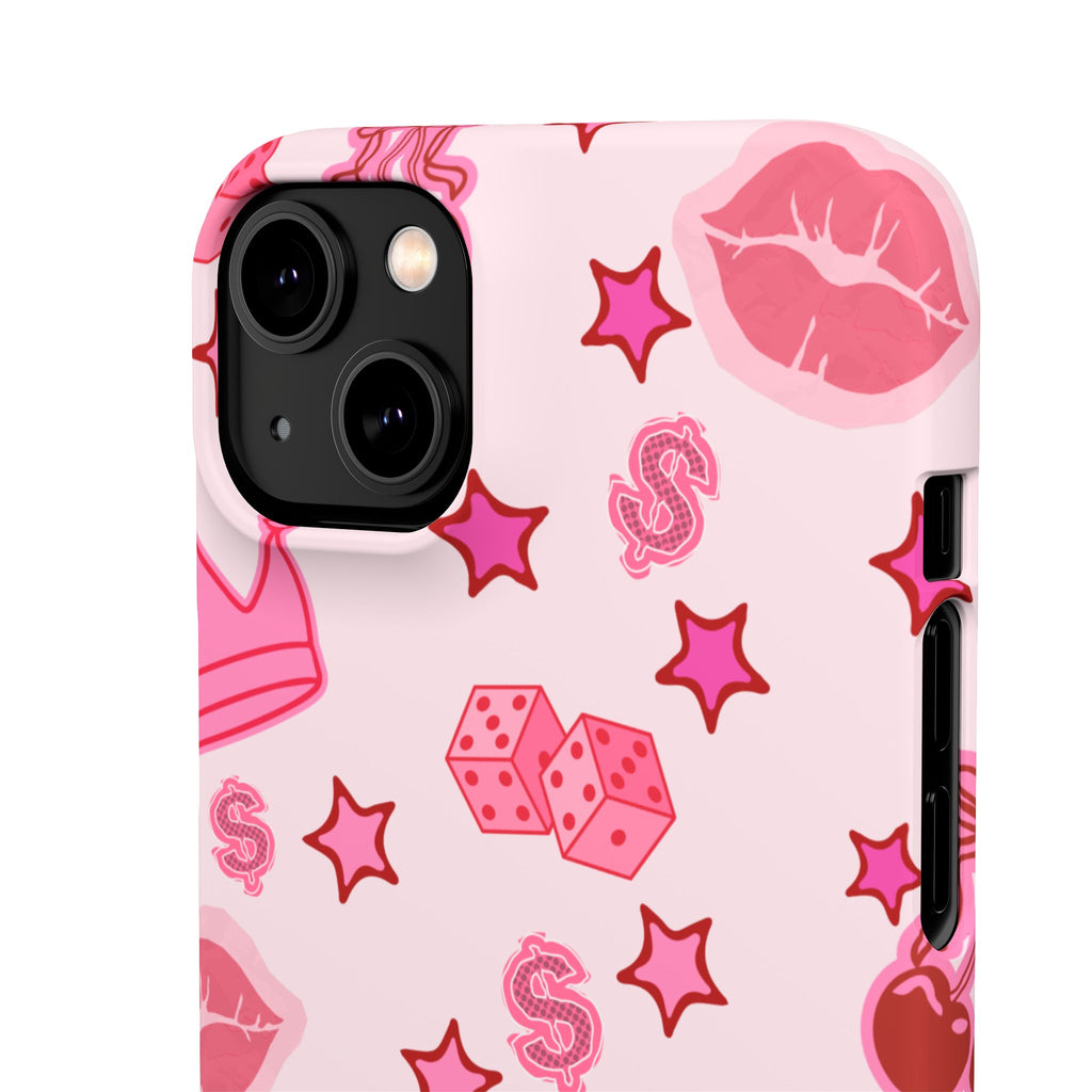 Pink Kawaii Icons Phone Case — Lip, Crown & Cherry Pattern Snap Case