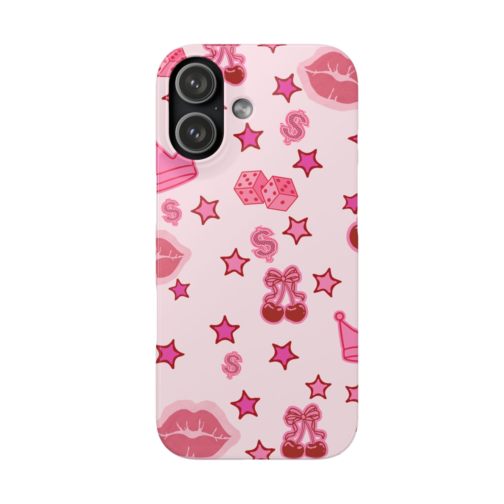 Pink Kawaii Icons Phone Case — Lip, Crown & Cherry Pattern Snap Case