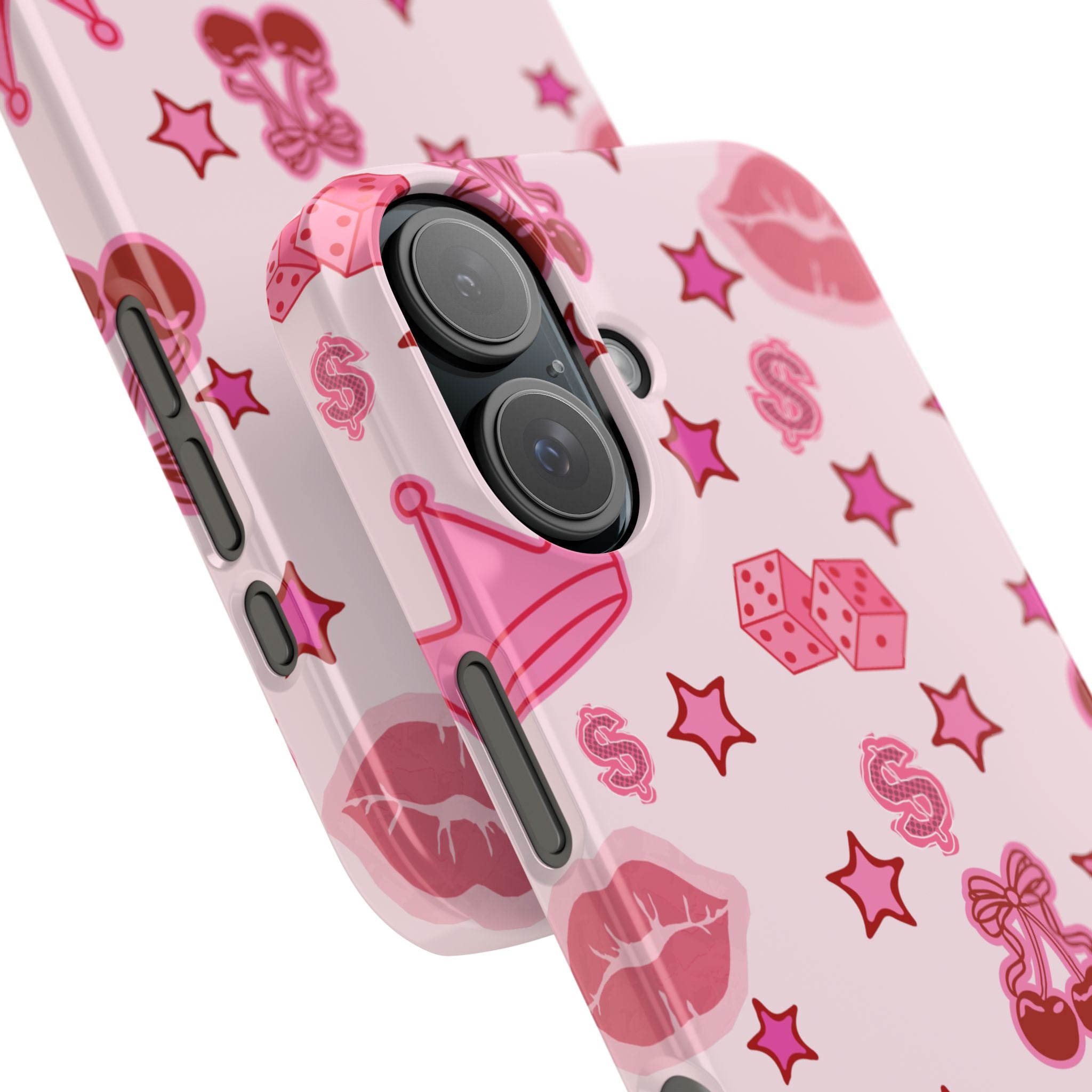 Pink Kawaii Icons Phone Case — Lip, Crown & Cherry Pattern Snap Case