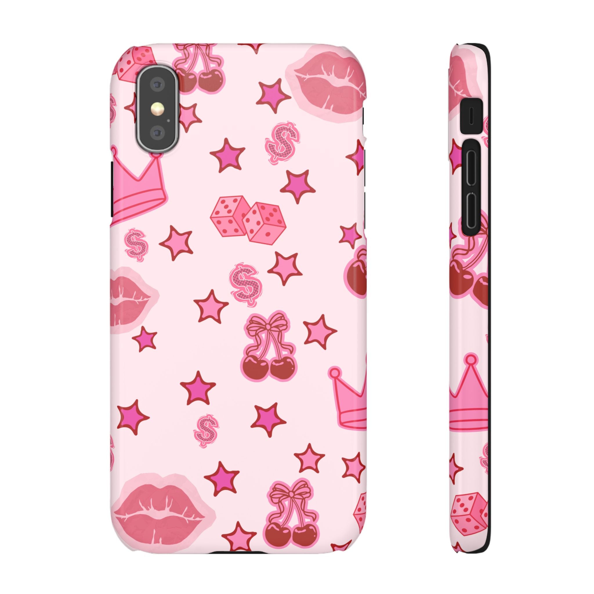 Pink Kawaii Icons Phone Case — Lip, Crown & Cherry Pattern Snap Case