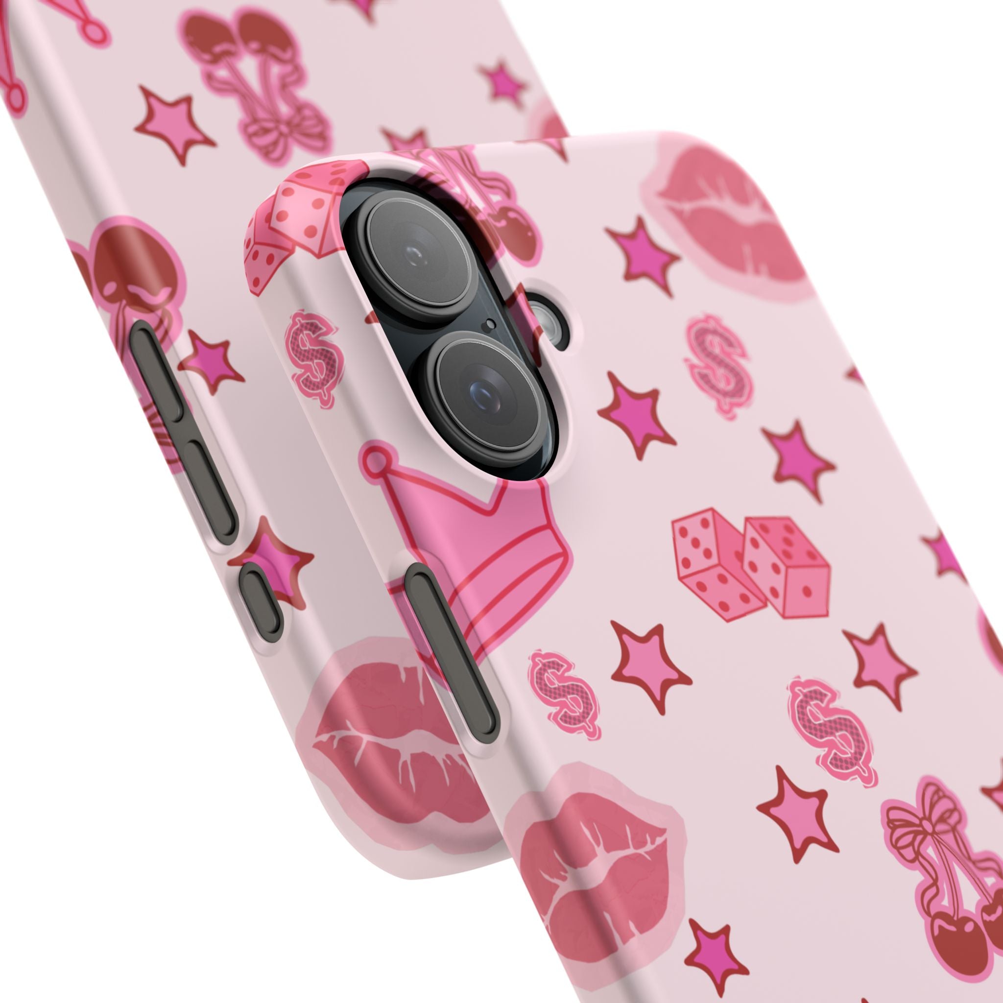 Pink Kawaii Icons Phone Case — Lip, Crown & Cherry Pattern Snap Case