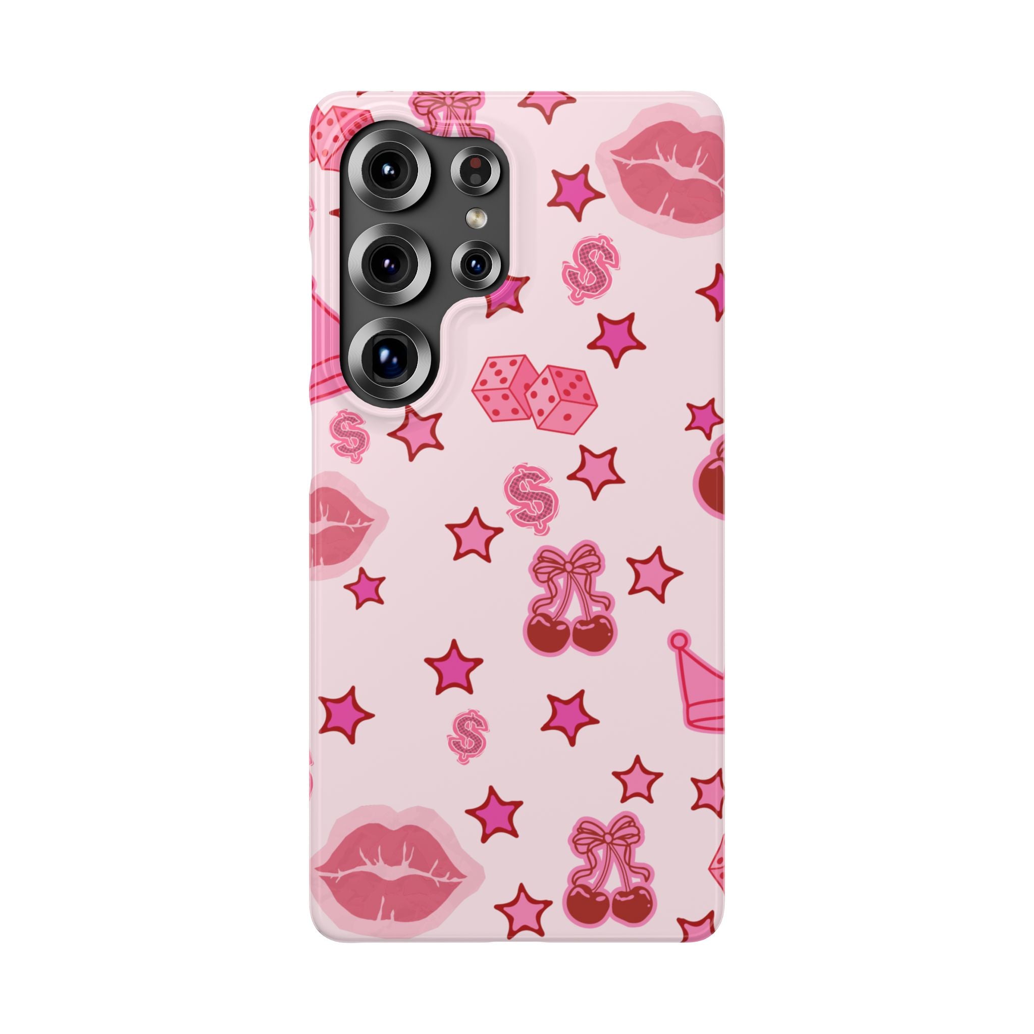Pink Kawaii Icons Phone Case — Lip, Crown & Cherry Pattern Snap Case