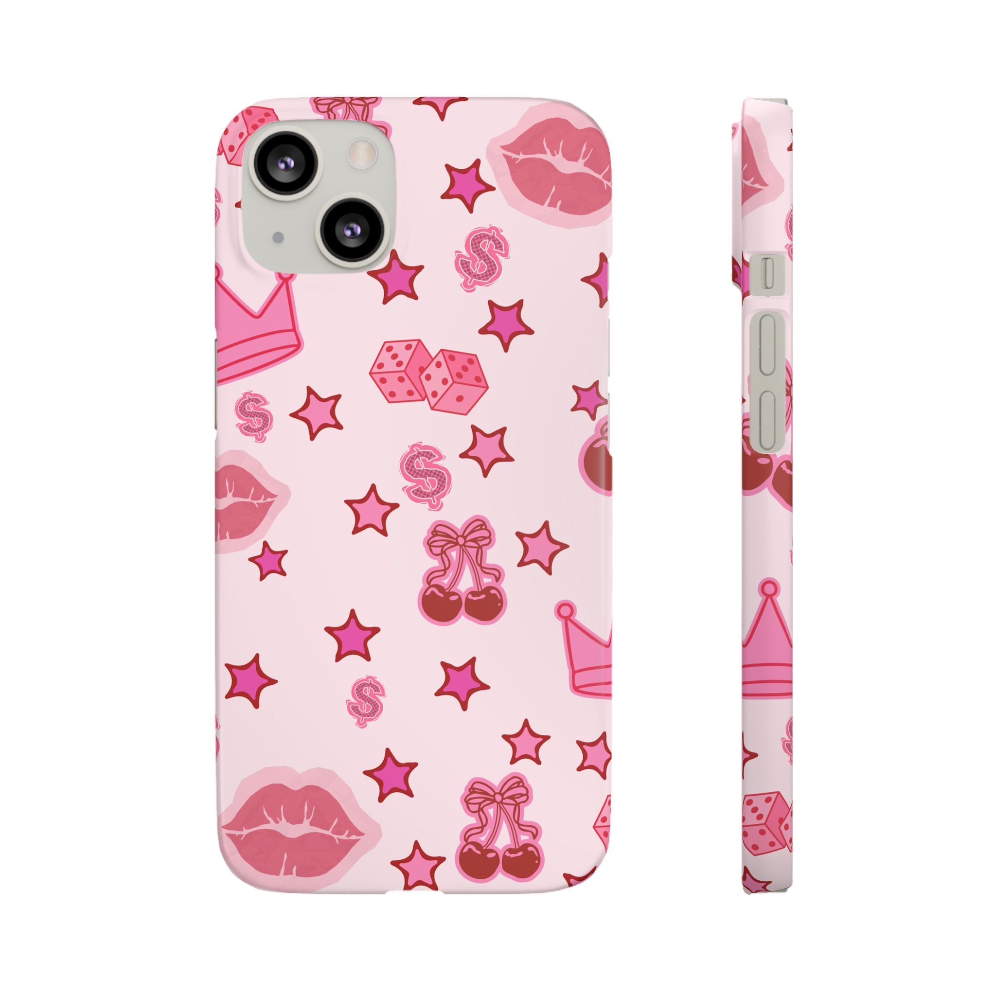 Pink Kawaii Icons Phone Case — Lip, Crown & Cherry Pattern Snap Case