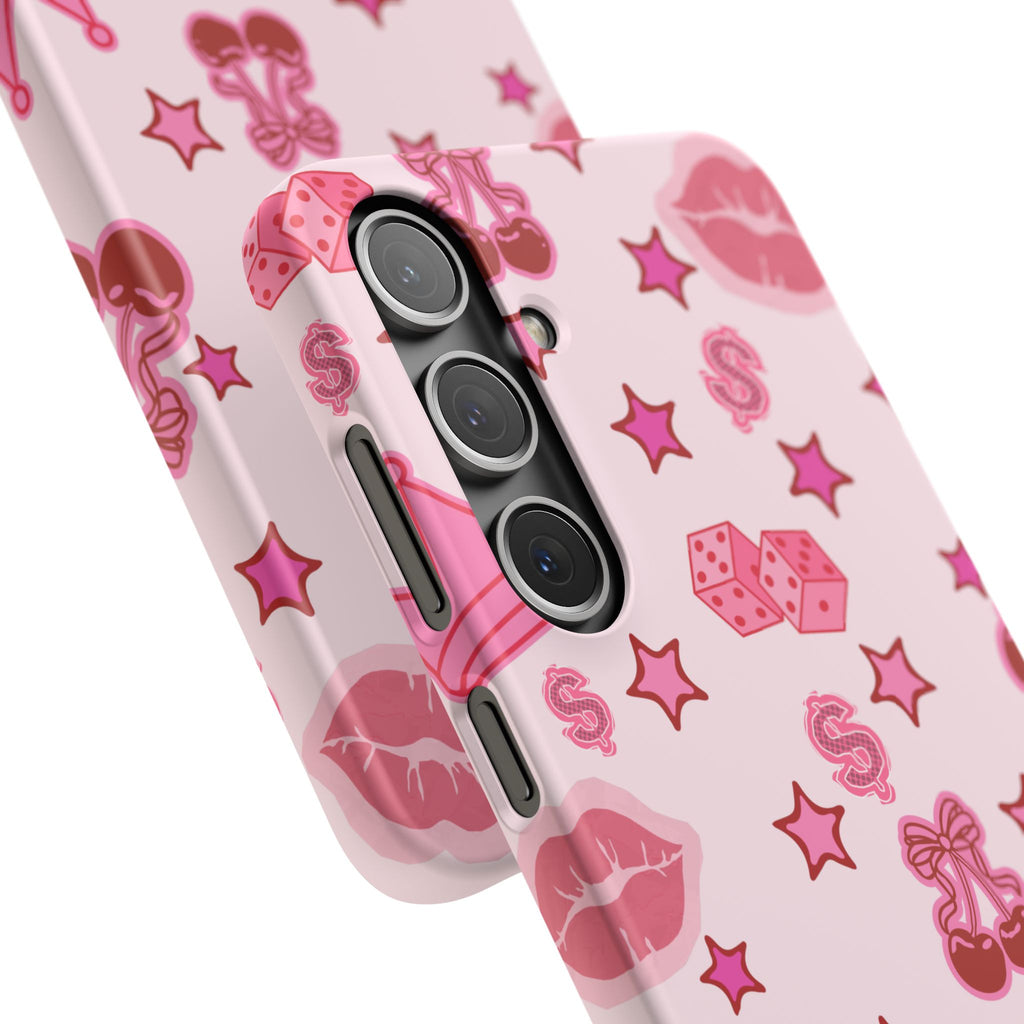 Pink Kawaii Icons Phone Case — Lip, Crown & Cherry Pattern Snap Case