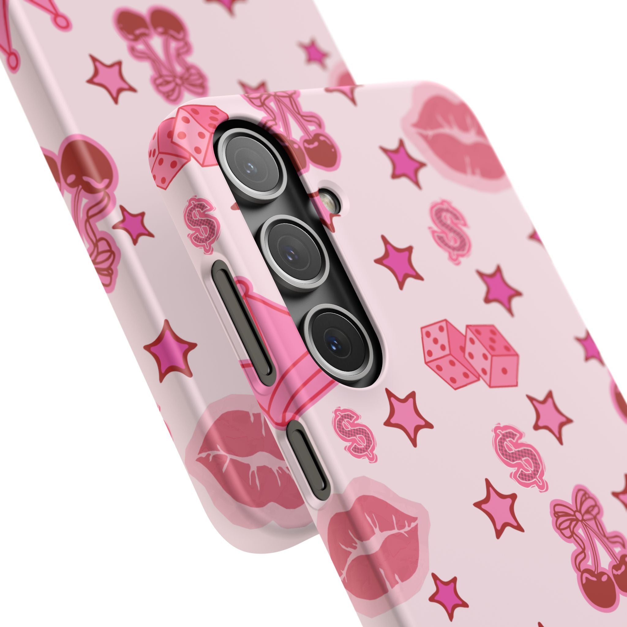 Pink Kawaii Icons Phone Case — Lip, Crown & Cherry Pattern Snap Case