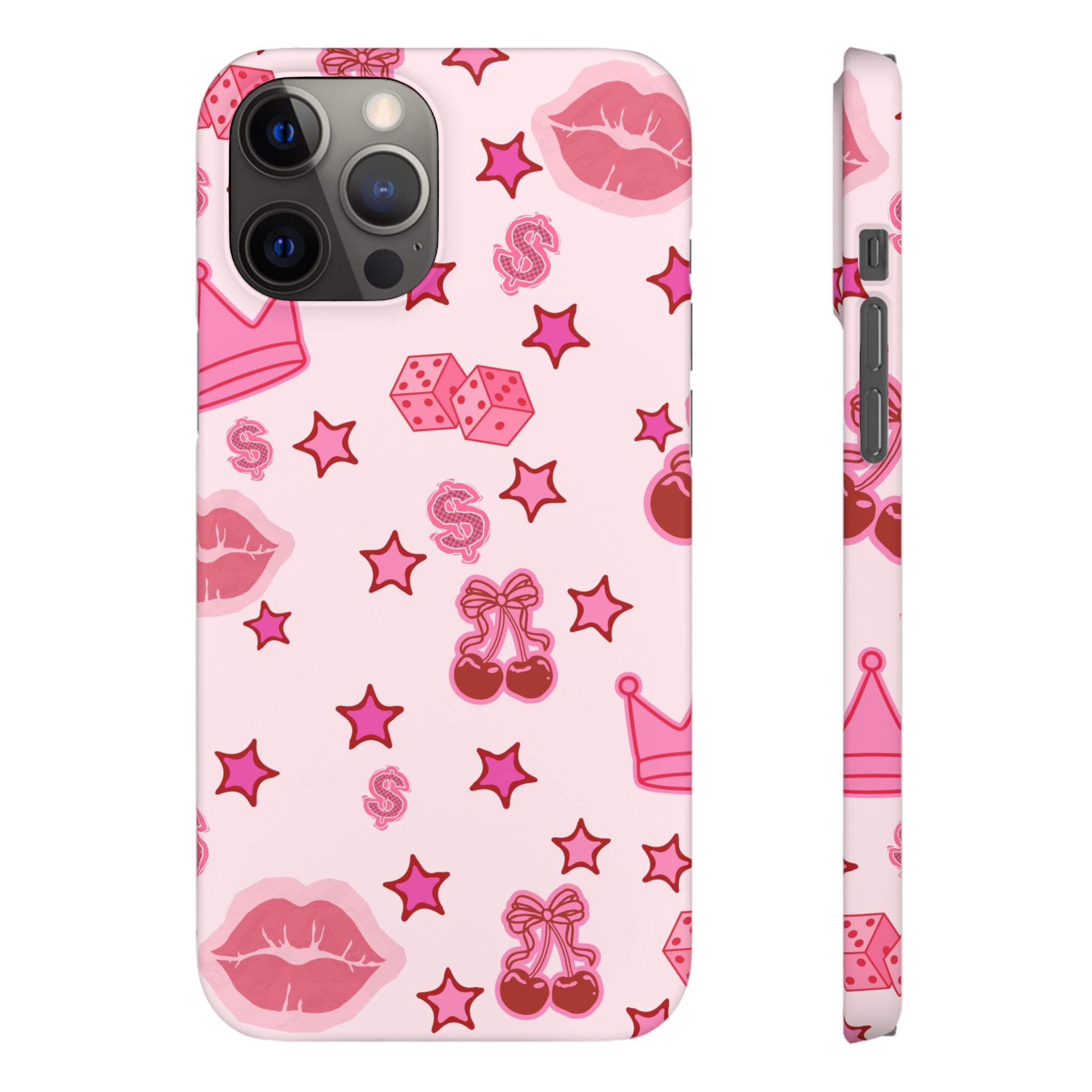 Pink Kawaii Icons Phone Case — Lip, Crown & Cherry Pattern Snap Case