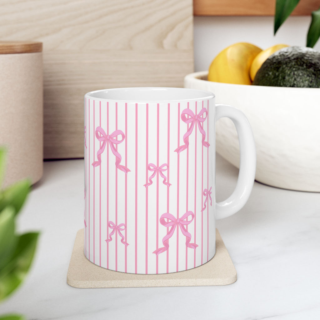 Pink Bow Stripe Ceramic Mug, Cute Coffee Cup (11oz & 15oz)