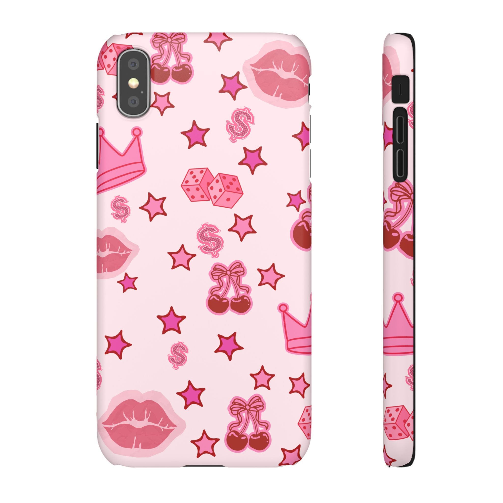 Pink Kawaii Icons Phone Case — Lip, Crown & Cherry Pattern Snap Case