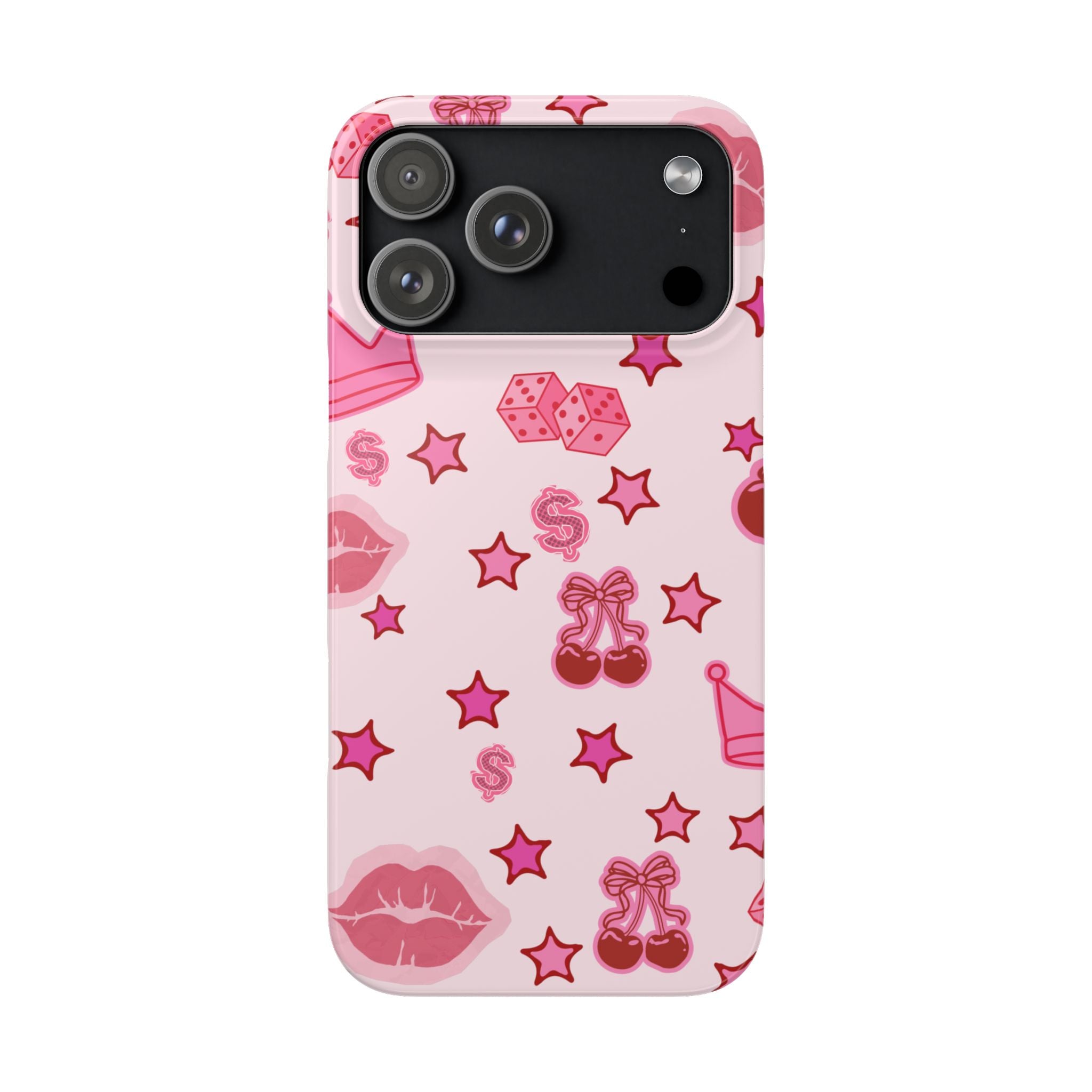Pink Kawaii Icons Phone Case — Lip, Crown & Cherry Pattern Snap Case