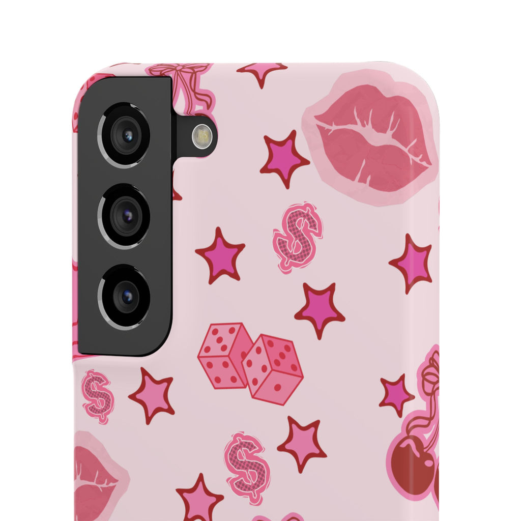 Pink Kawaii Icons Phone Case — Lip, Crown & Cherry Pattern Snap Case