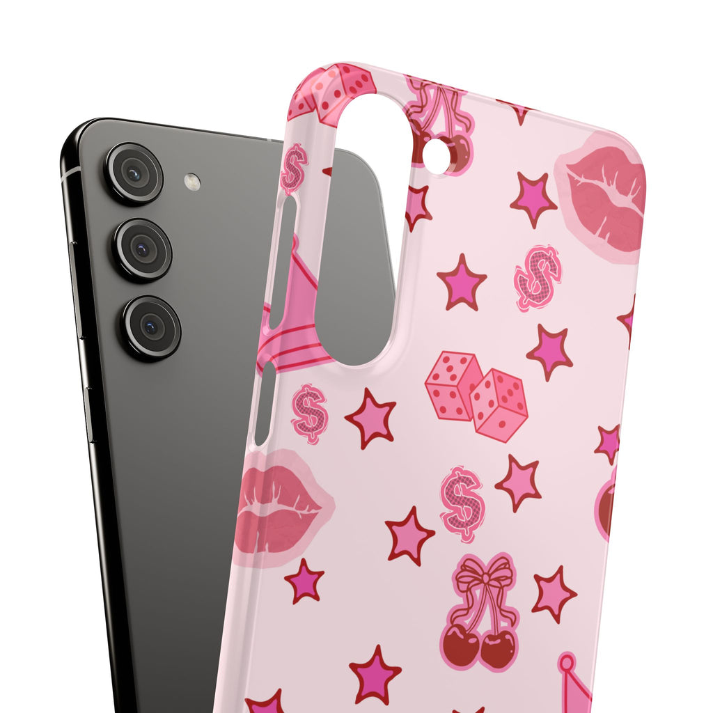 Pink Kawaii Icons Phone Case — Lip, Crown & Cherry Pattern Snap Case