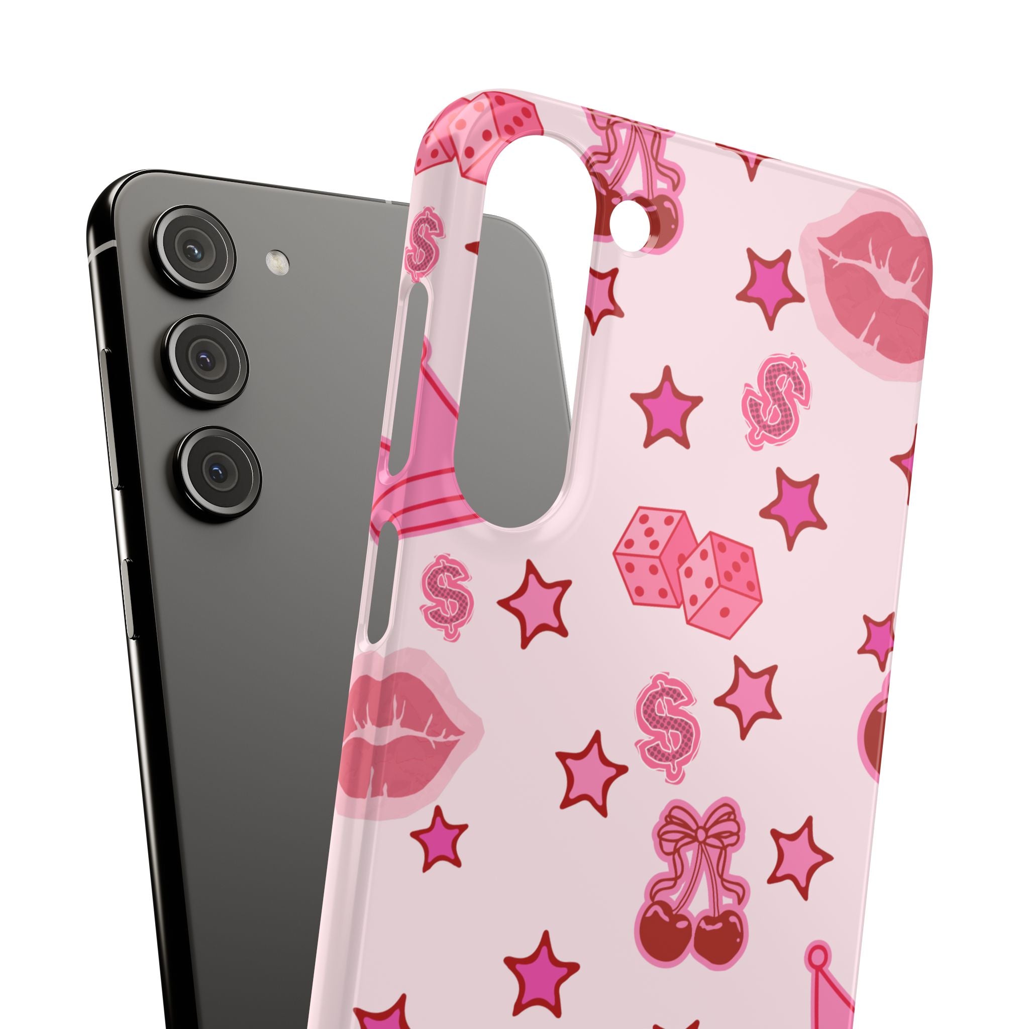 Pink Kawaii Icons Phone Case — Lip, Crown & Cherry Pattern Snap Case