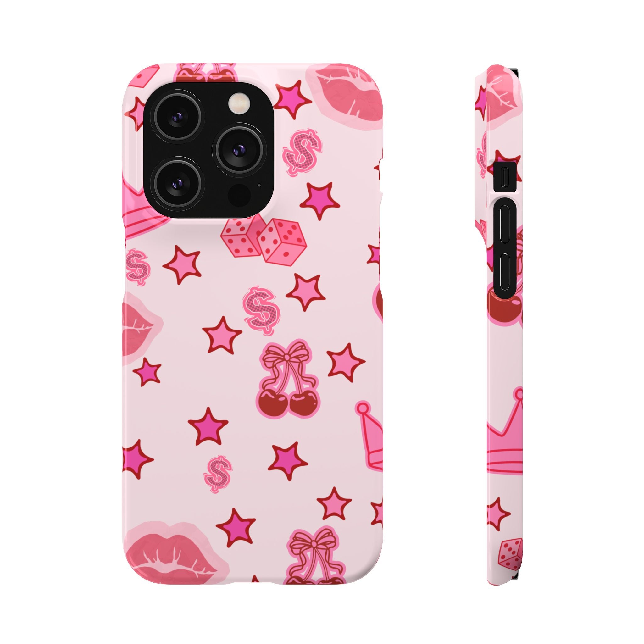 Pink Kawaii Icons Phone Case — Lip, Crown & Cherry Pattern Snap Case