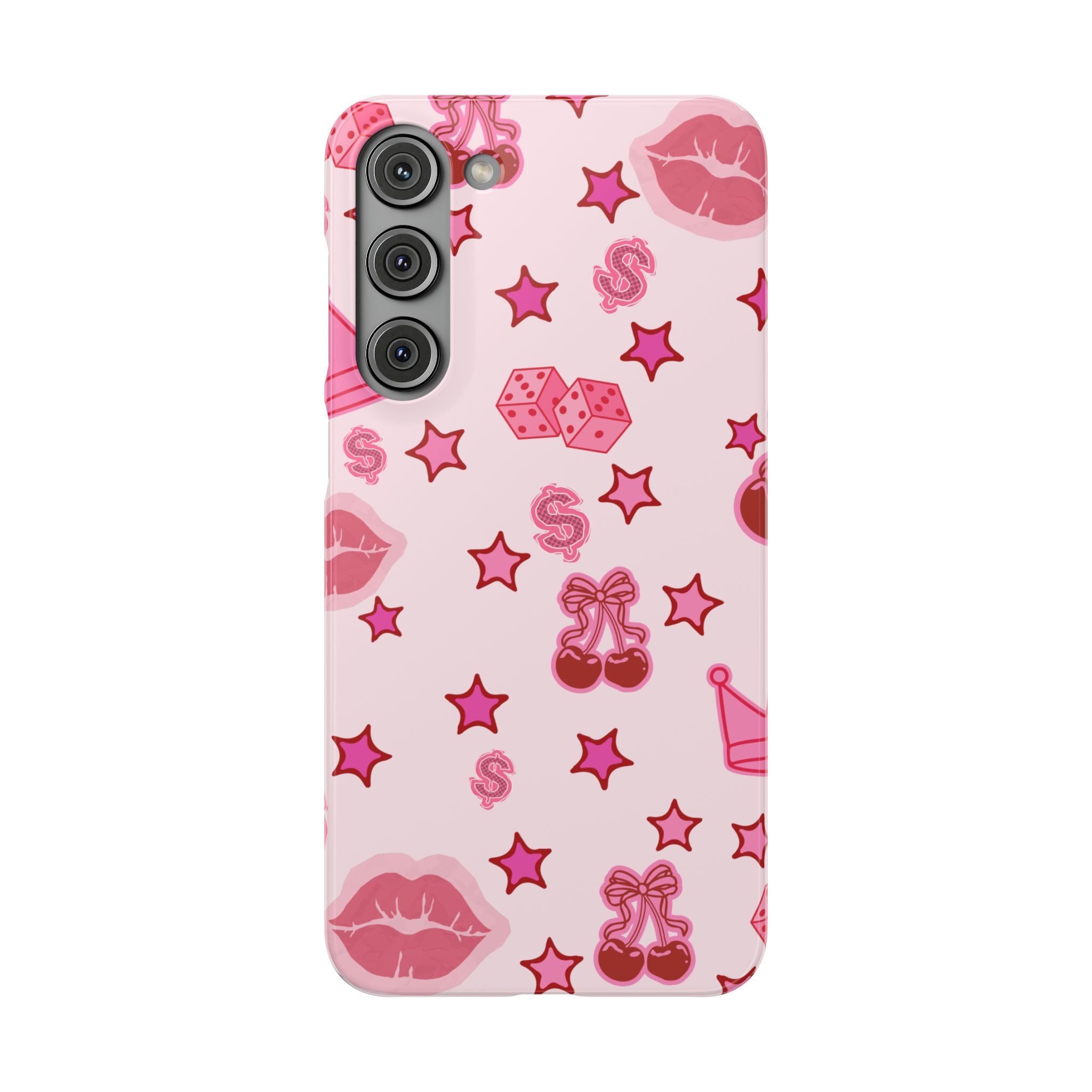 Pink Kawaii Icons Phone Case — Lip, Crown & Cherry Pattern Snap Case