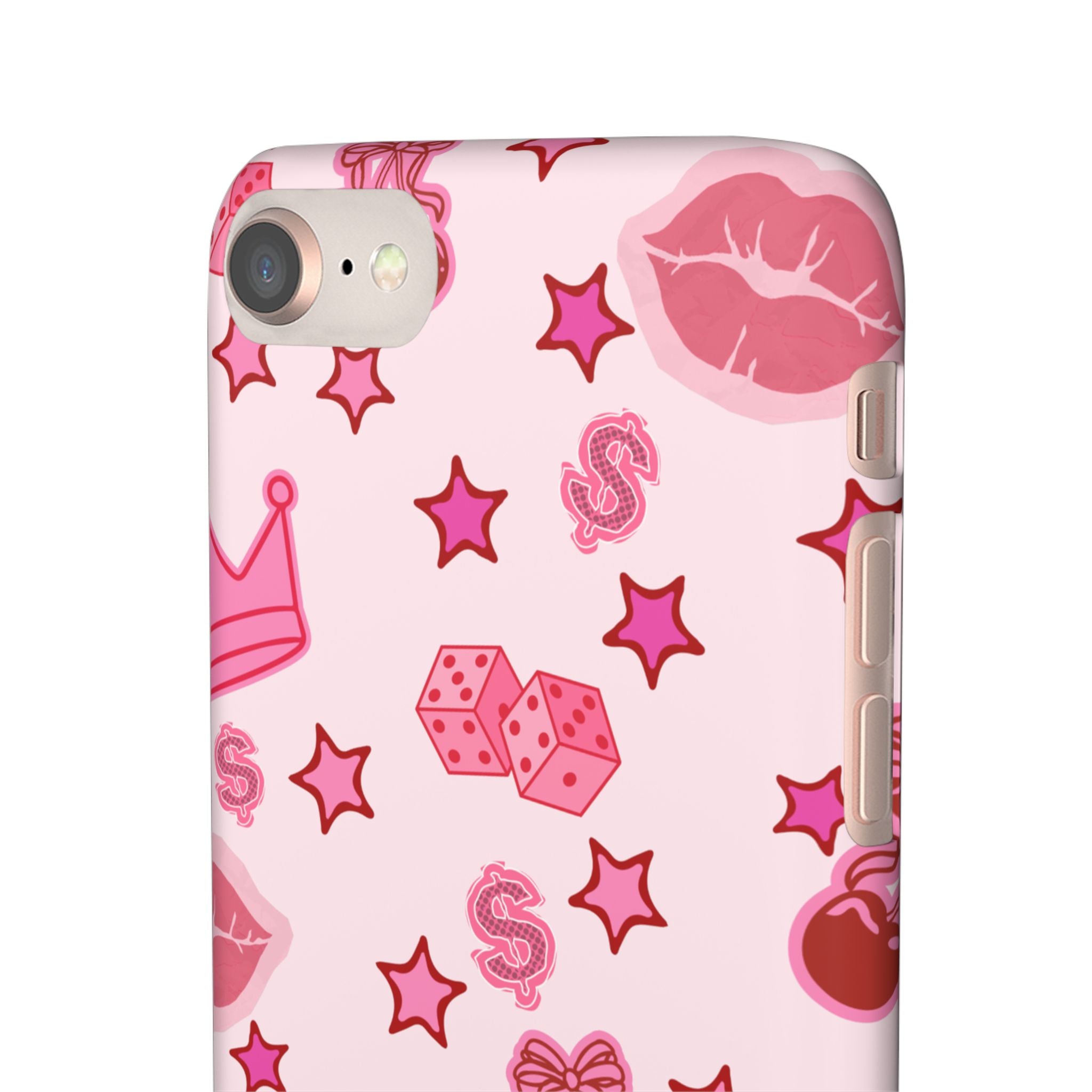 Pink Kawaii Icons Phone Case — Lip, Crown & Cherry Pattern Snap Case