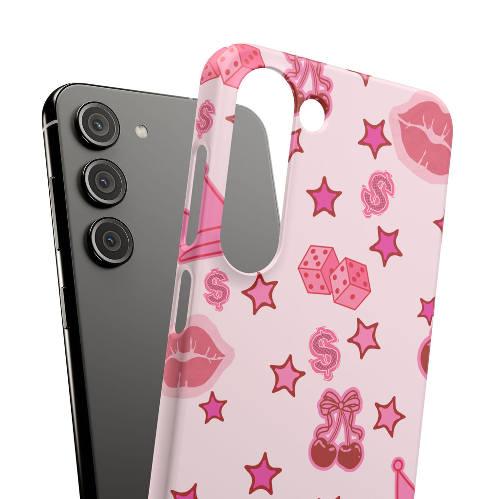 Pink Kawaii Icons Phone Case — Lip, Crown & Cherry Pattern Snap Case
