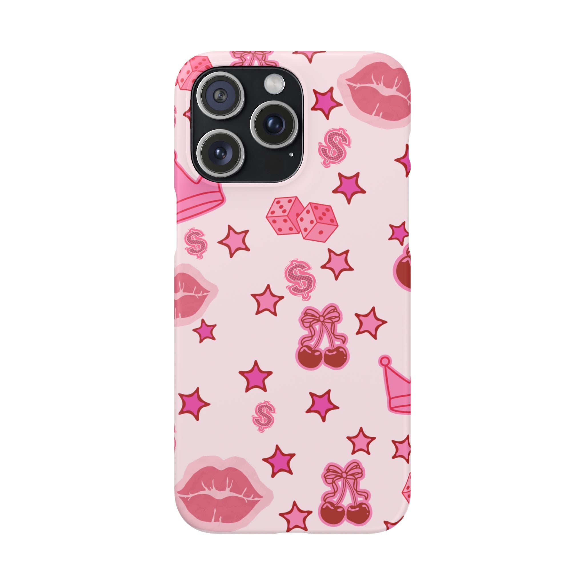 Pink Kawaii Icons Phone Case — Lip, Crown & Cherry Pattern Snap Case