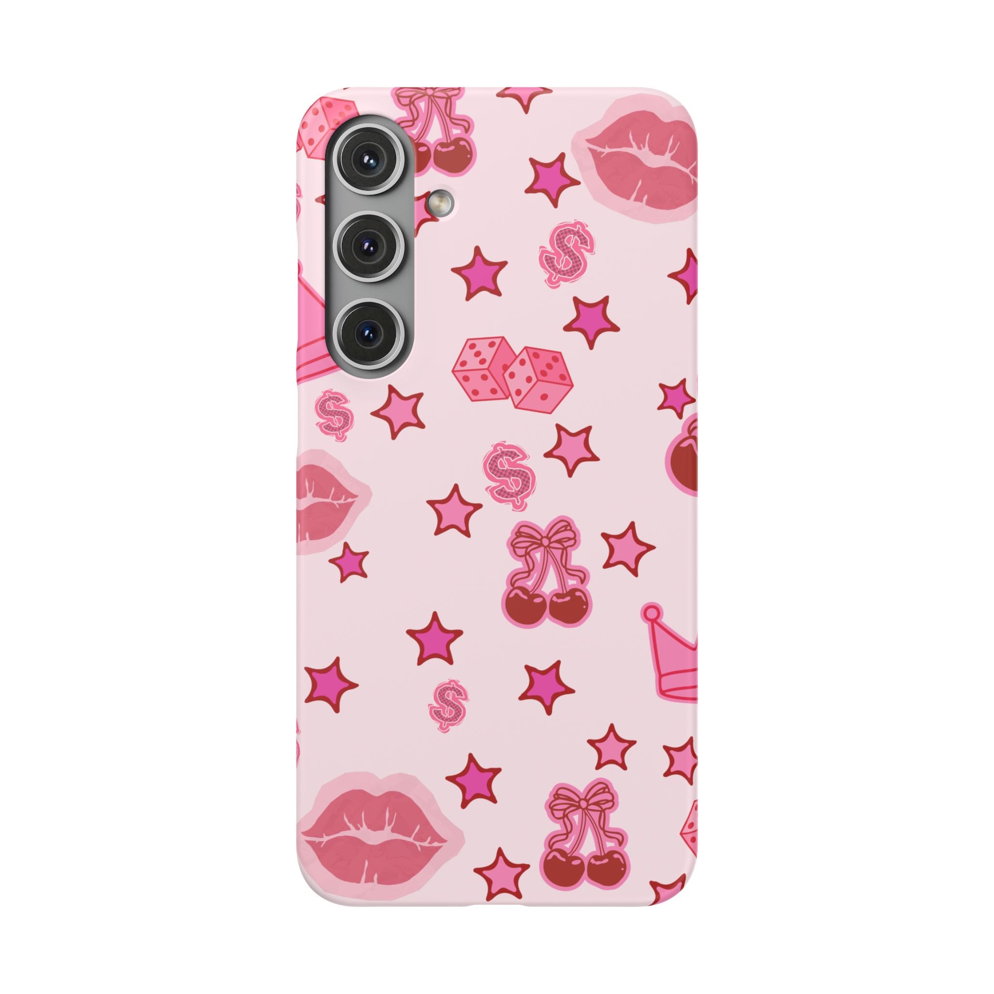 Pink Kawaii Icons Phone Case — Lip, Crown & Cherry Pattern Snap Case