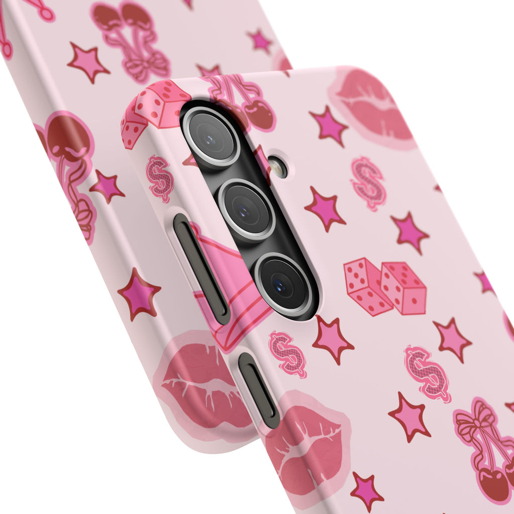 Pink Kawaii Icons Phone Case — Lip, Crown & Cherry Pattern Snap Case