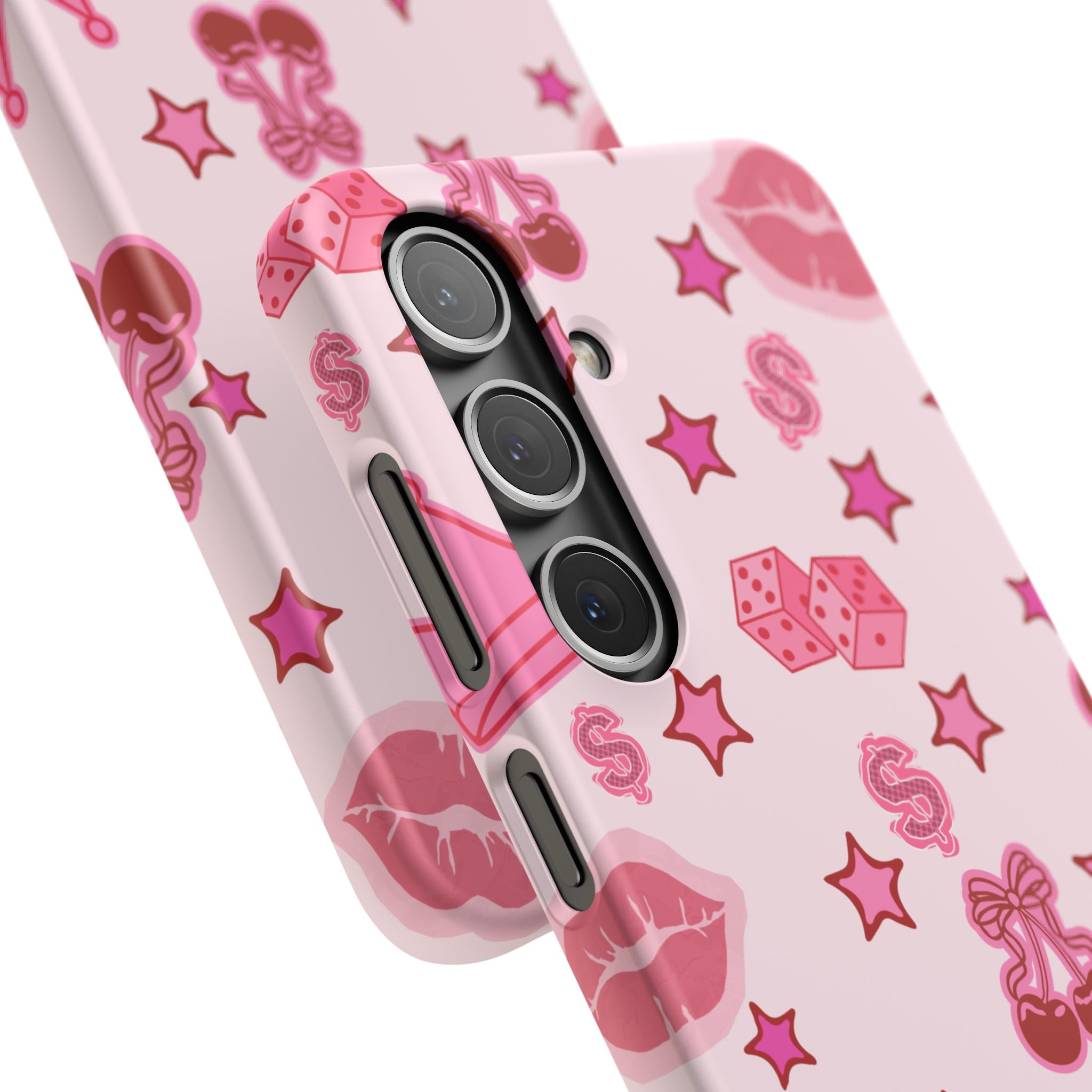 Pink Kawaii Icons Phone Case — Lip, Crown & Cherry Pattern Snap Case