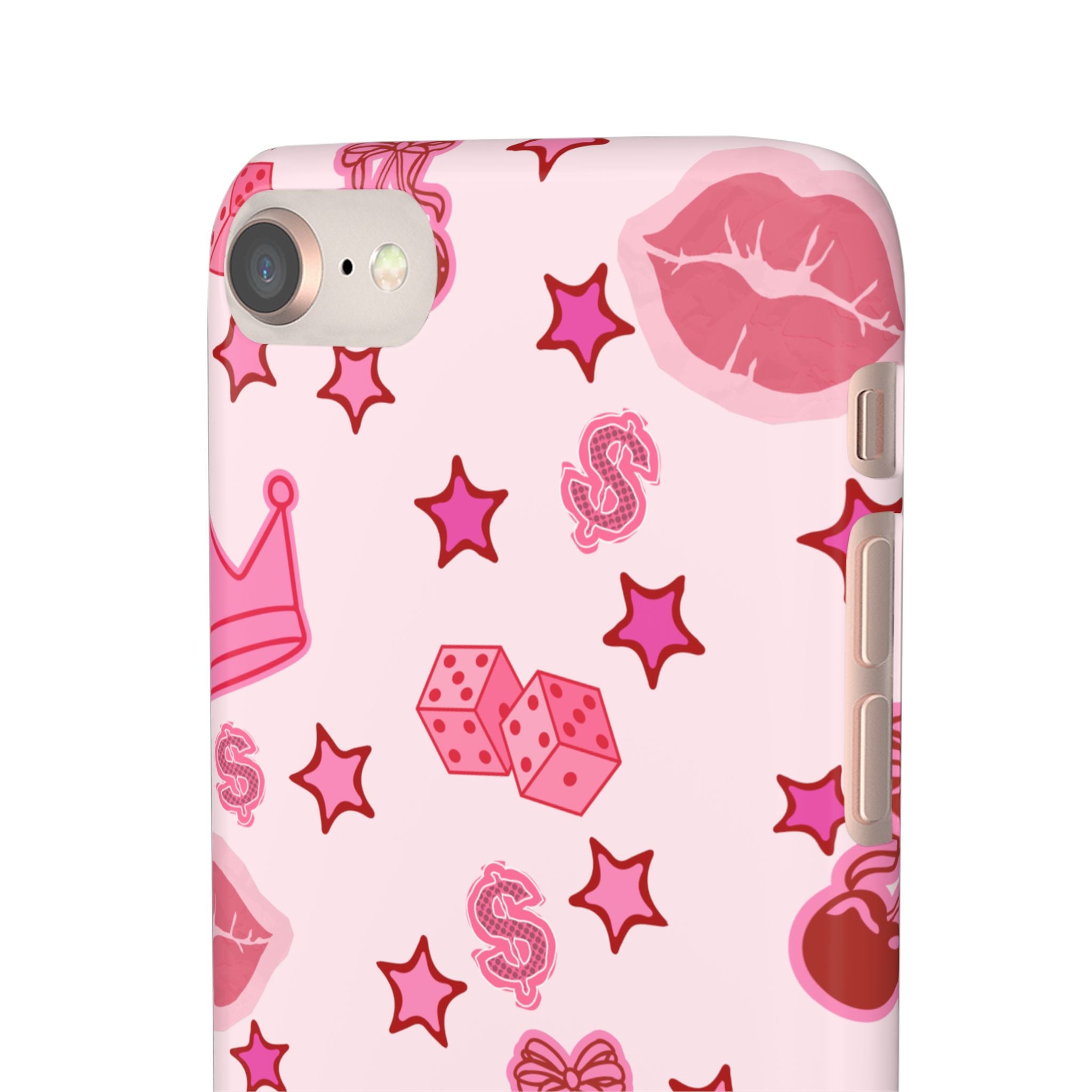 Pink Kawaii Icons Phone Case — Lip, Crown & Cherry Pattern Snap Case