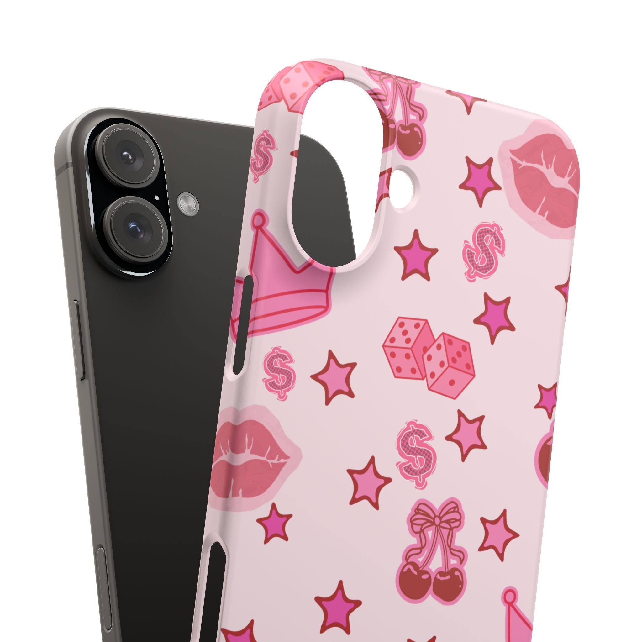 Pink Kawaii Icons Phone Case — Lip, Crown & Cherry Pattern Snap Case