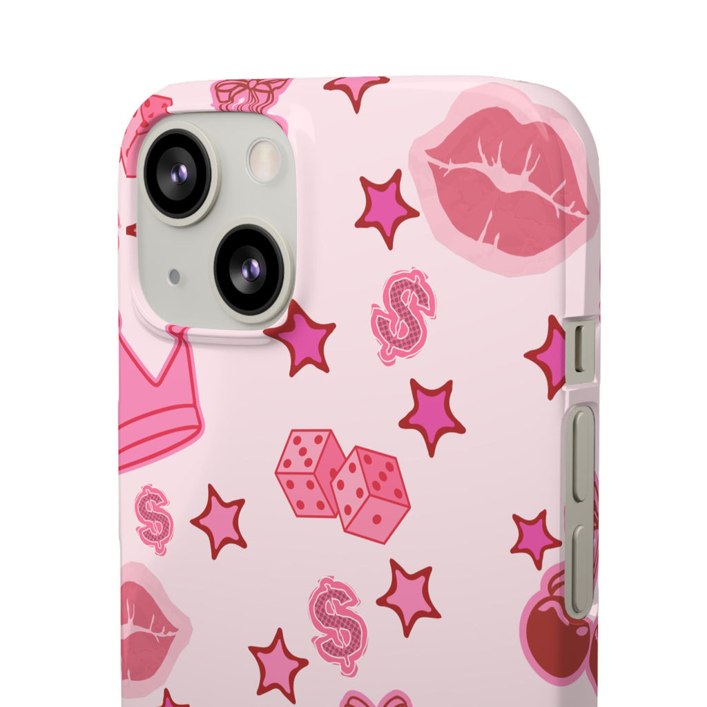 Pink Kawaii Icons Phone Case — Lip, Crown & Cherry Pattern Snap Case