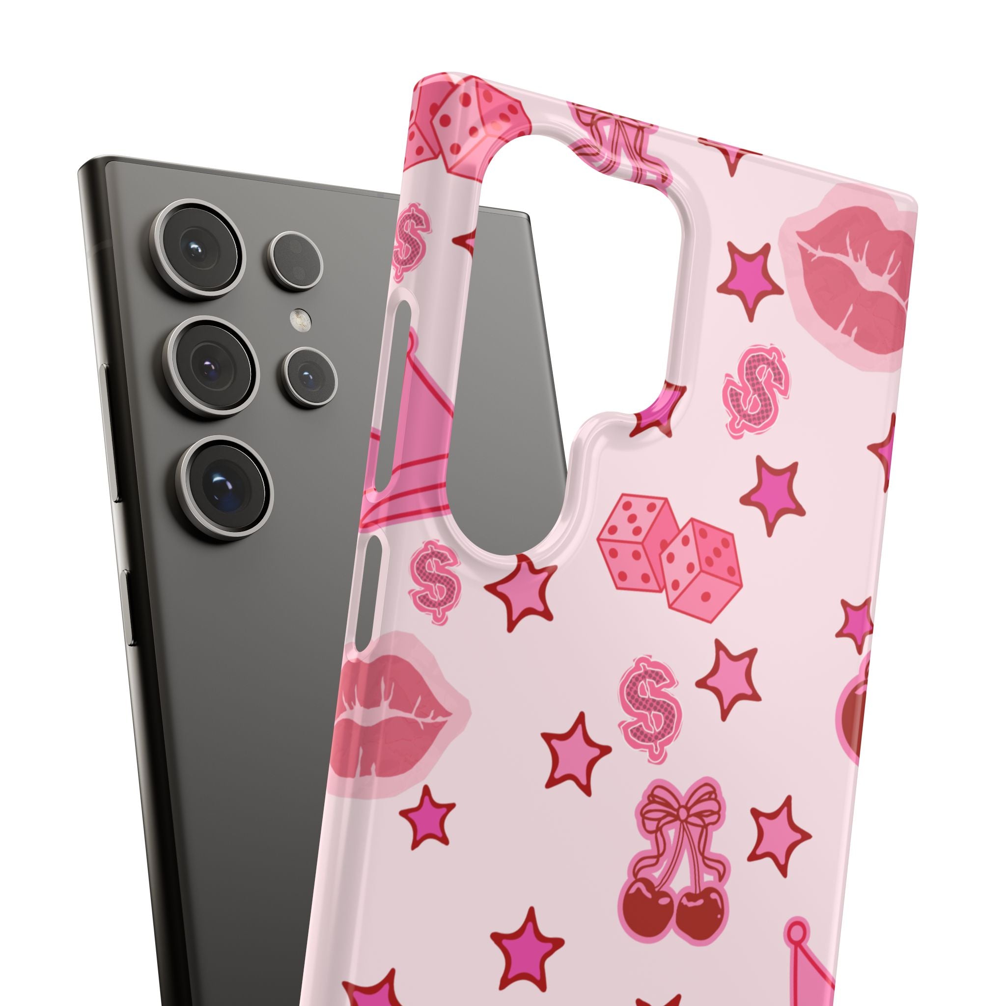 Pink Kawaii Icons Phone Case — Lip, Crown & Cherry Pattern Snap Case