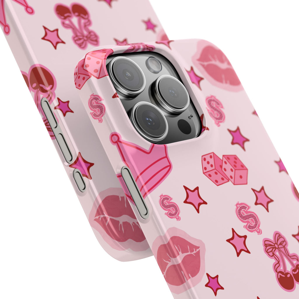 Pink Kawaii Icons Phone Case — Lip, Crown & Cherry Pattern Snap Case