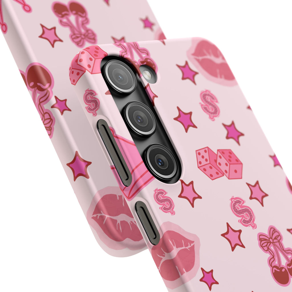 Pink Kawaii Icons Phone Case — Lip, Crown & Cherry Pattern Snap Case