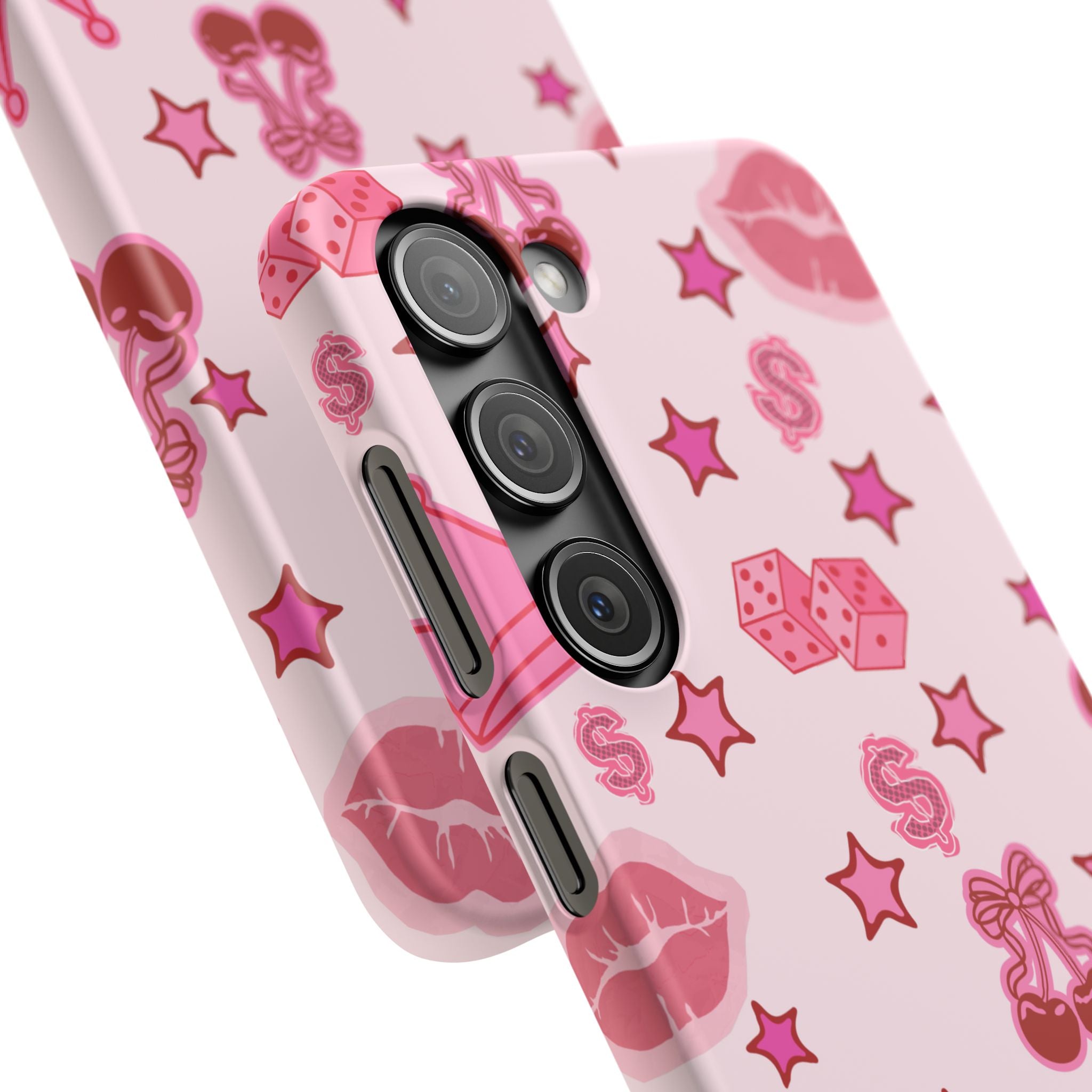 Pink Kawaii Icons Phone Case — Lip, Crown & Cherry Pattern Snap Case