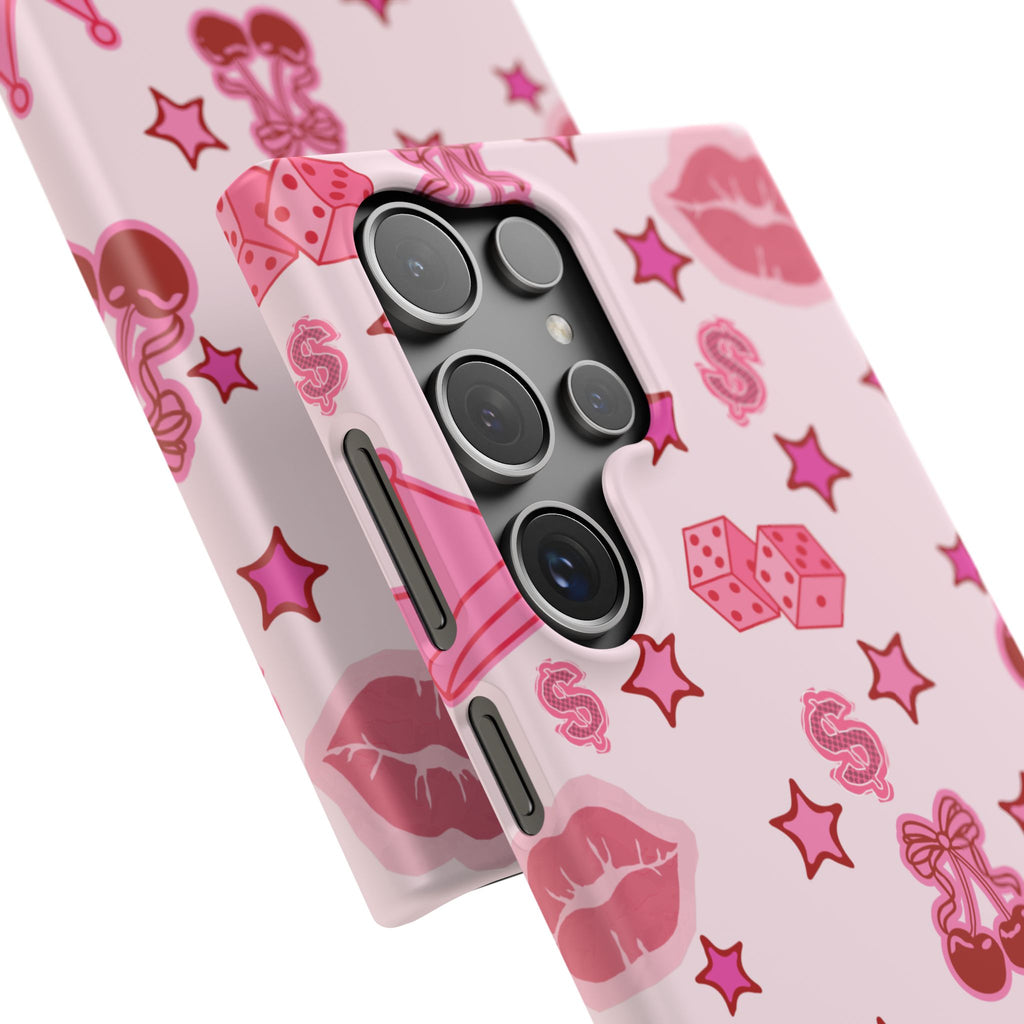 Pink Kawaii Icons Phone Case — Lip, Crown & Cherry Pattern Snap Case