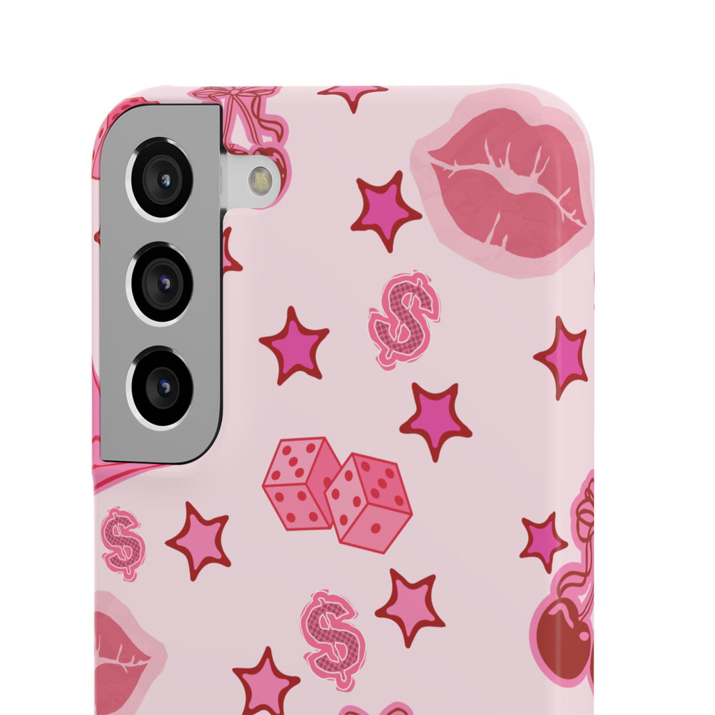 Pink Kawaii Icons Phone Case — Lip, Crown & Cherry Pattern Snap Case