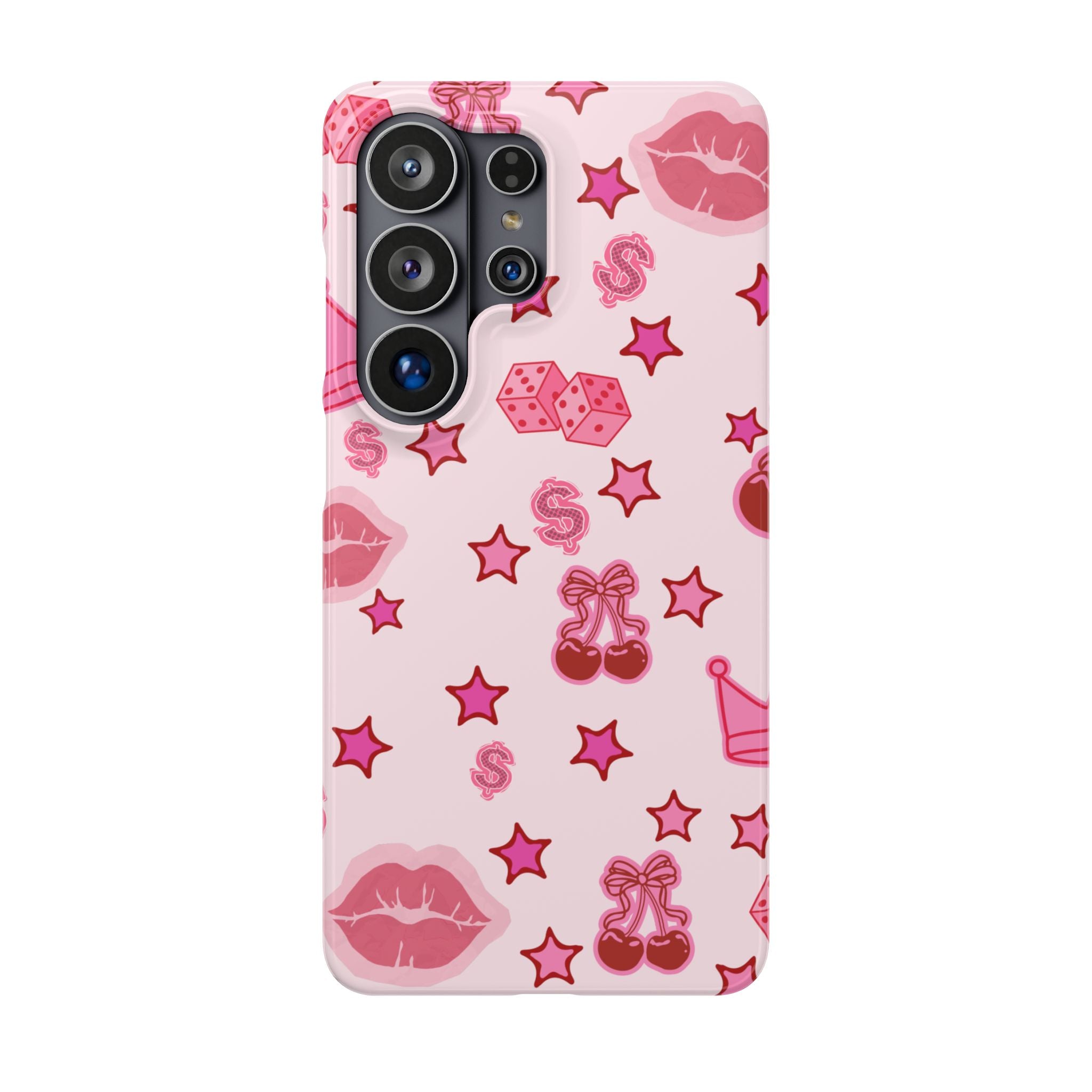 Pink Kawaii Icons Phone Case — Lip, Crown & Cherry Pattern Snap Case