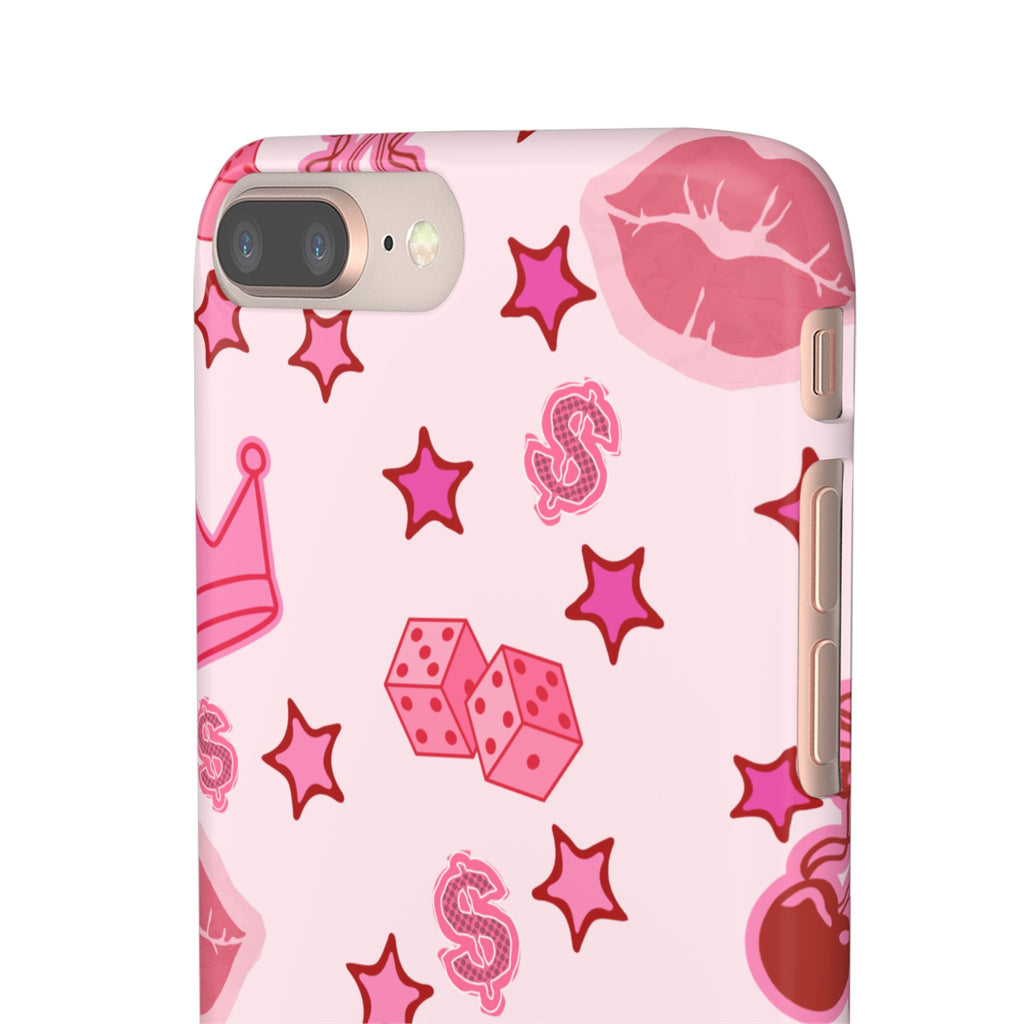 Pink Kawaii Icons Phone Case — Lip, Crown & Cherry Pattern Snap Case