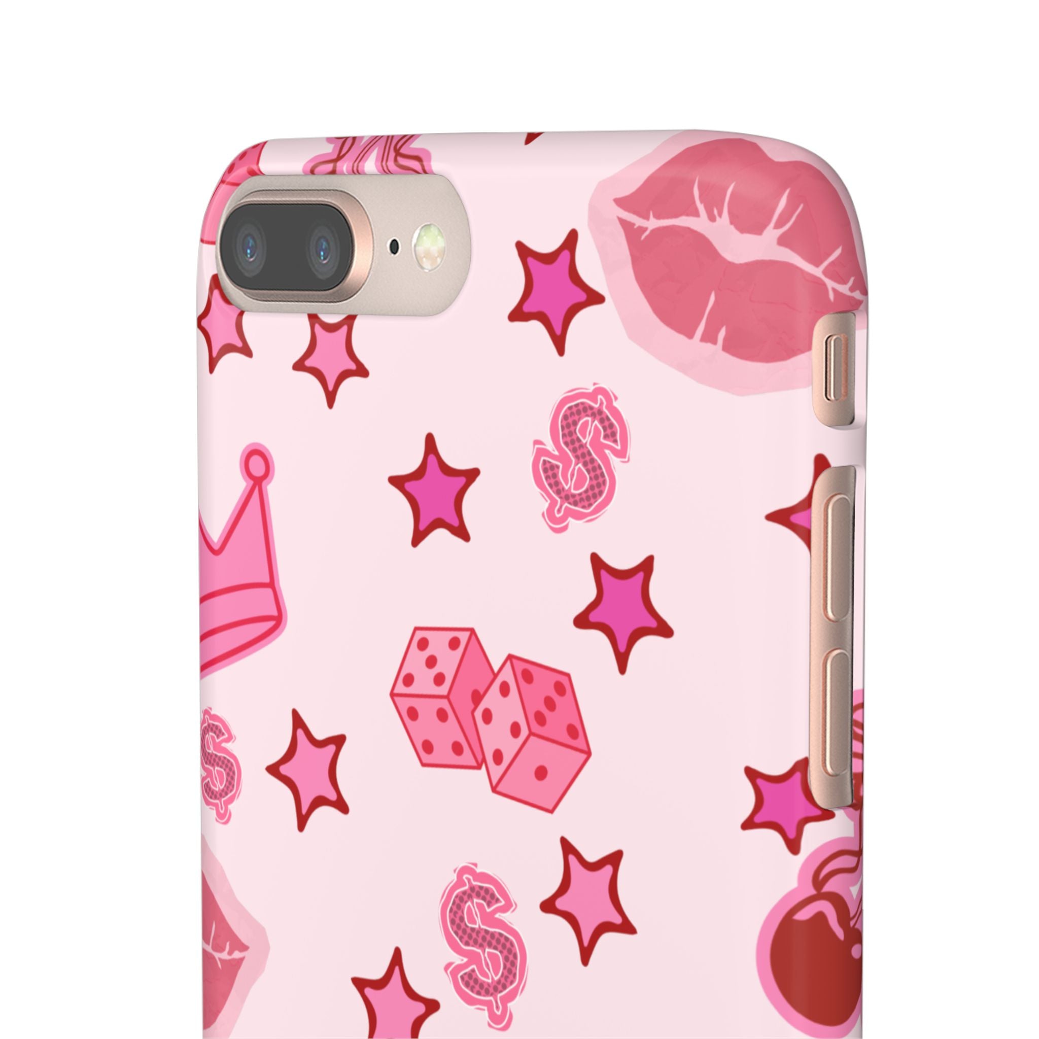 Pink Kawaii Icons Phone Case — Lip, Crown & Cherry Pattern Snap Case