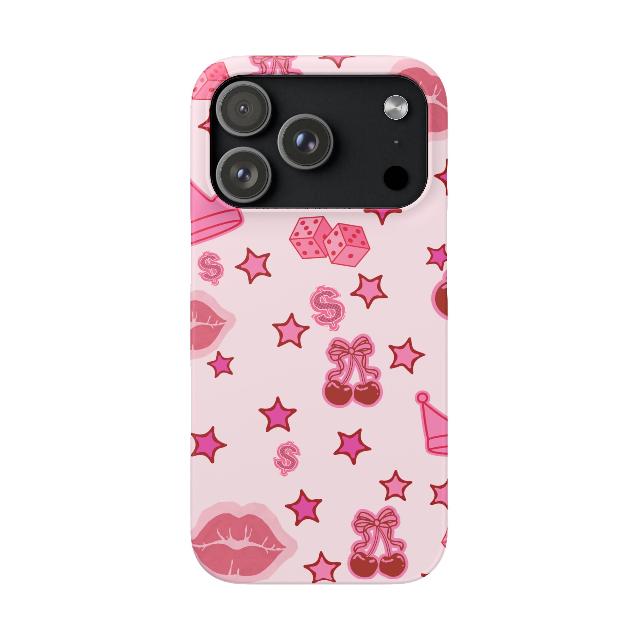 Pink Kawaii Icons Phone Case — Lip, Crown & Cherry Pattern Snap Case