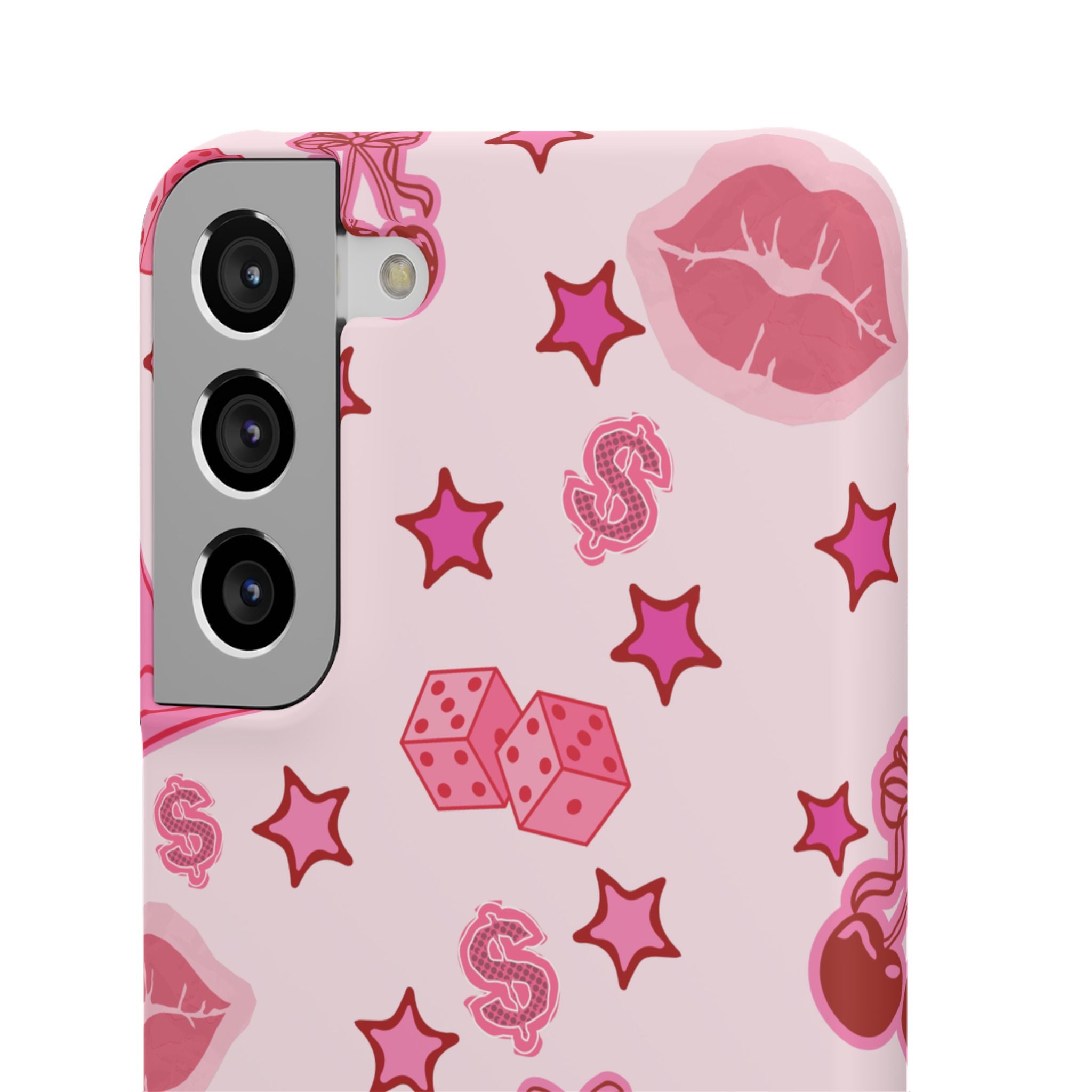 Pink Kawaii Icons Phone Case — Lip, Crown & Cherry Pattern Snap Case