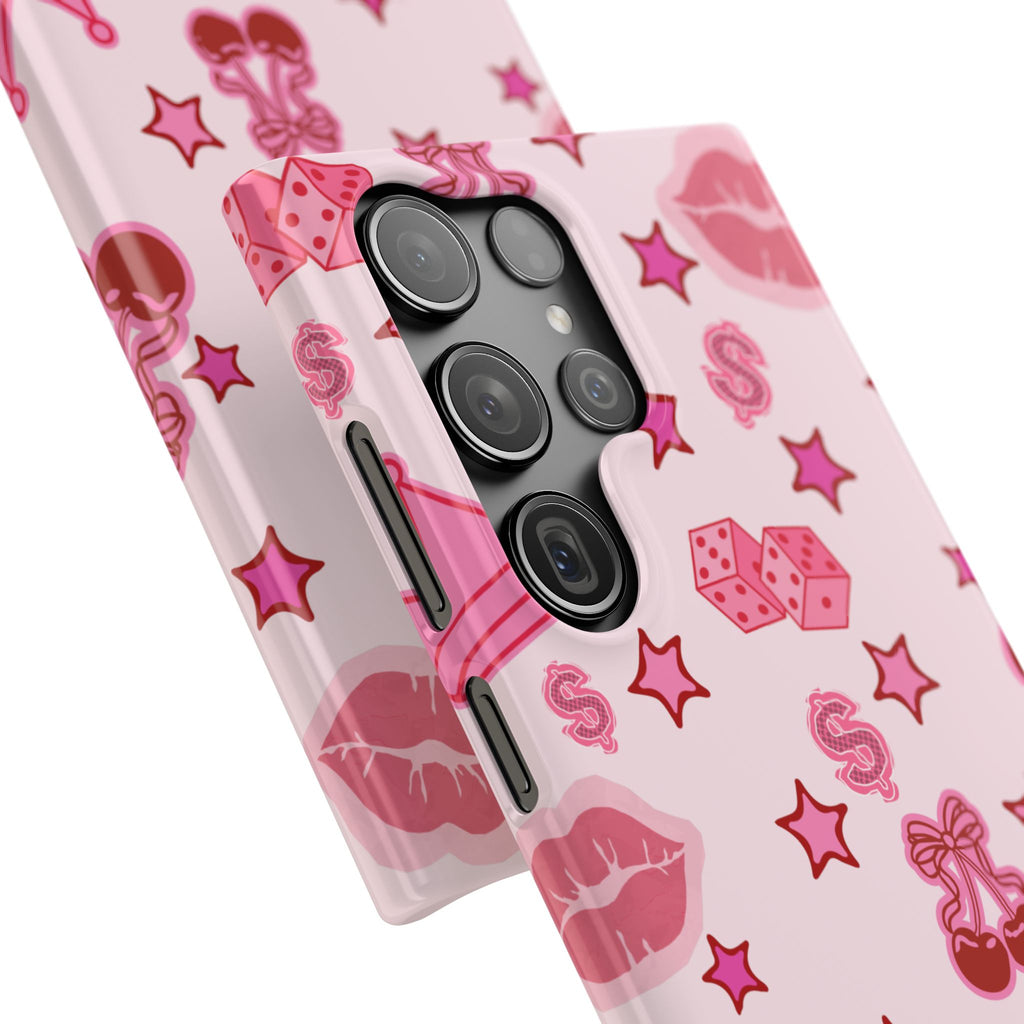Pink Kawaii Icons Phone Case — Lip, Crown & Cherry Pattern Snap Case