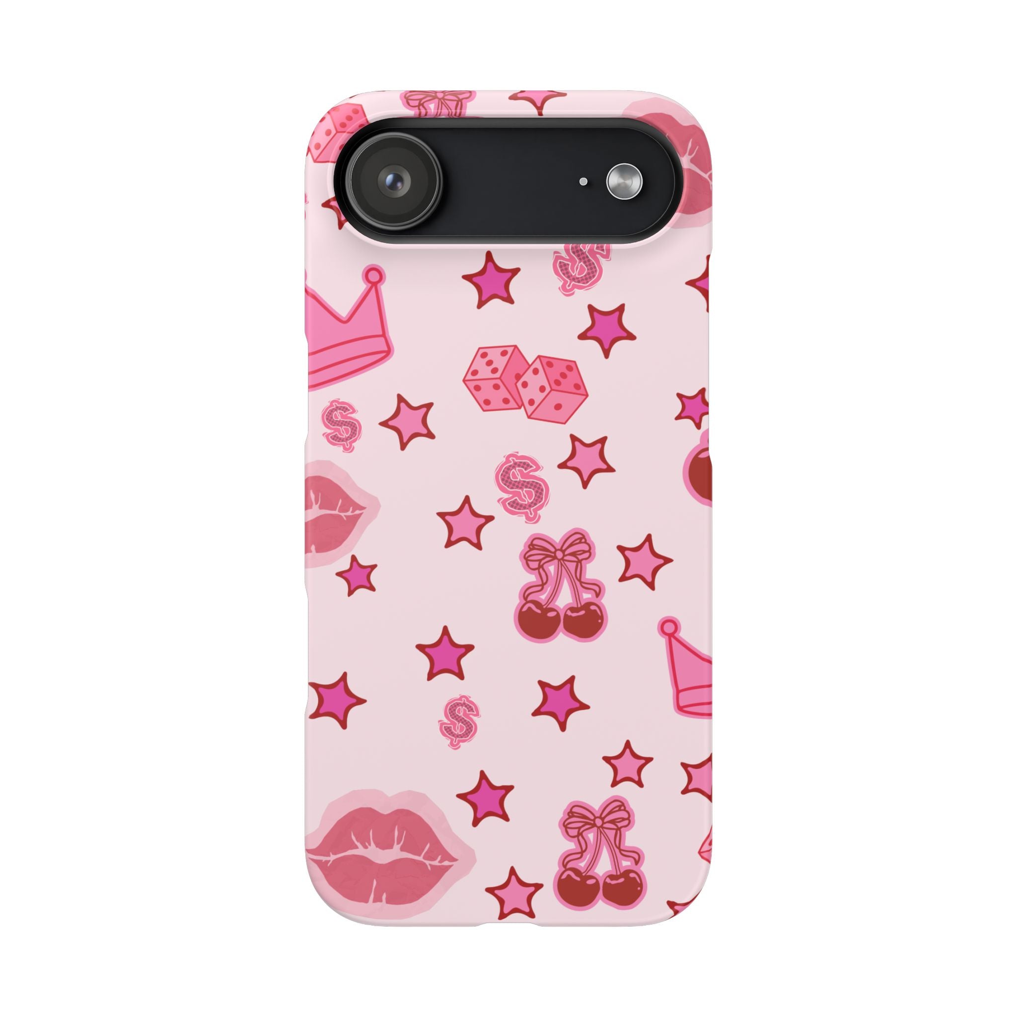 Pink Kawaii Icons Phone Case — Lip, Crown & Cherry Pattern Snap Case
