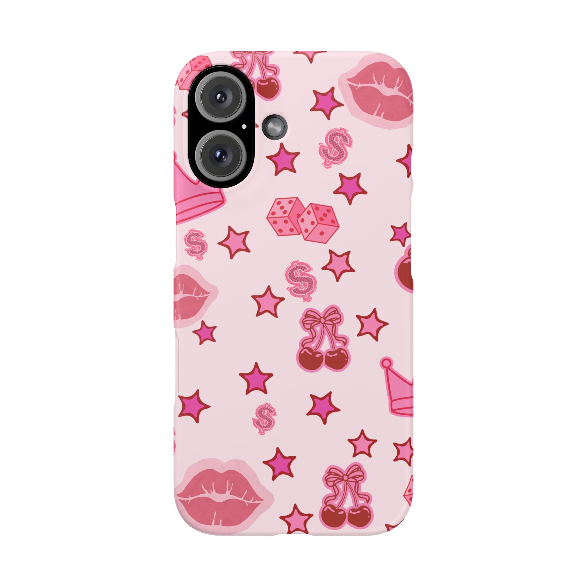 Pink Kawaii Icons Phone Case — Lip, Crown & Cherry Pattern Snap Case