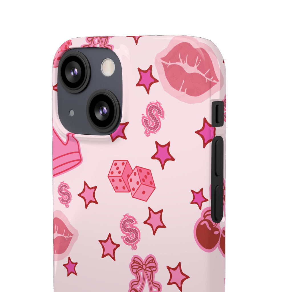 Pink Kawaii Icons Phone Case — Lip, Crown & Cherry Pattern Snap Case
